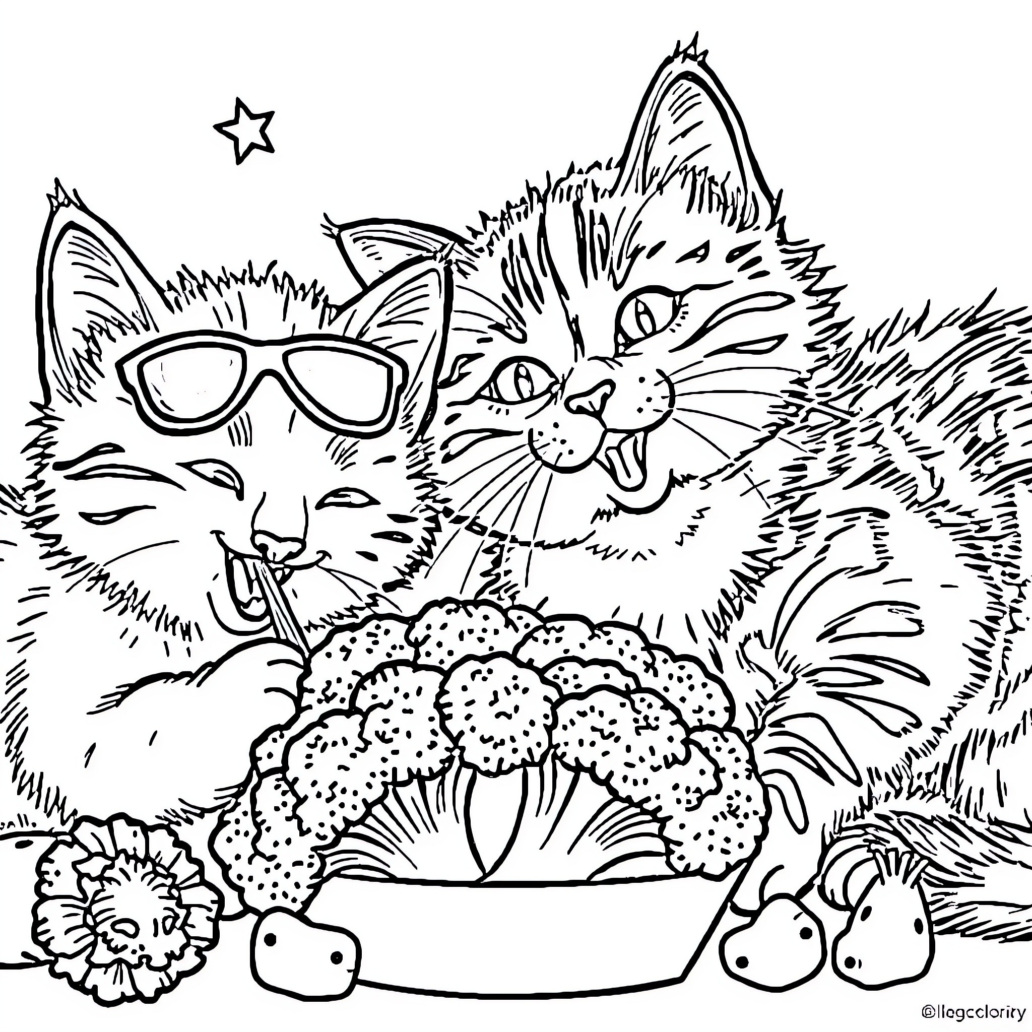 Kitty having fun with friends in the garden Coloring Page (free black-and-white line drawing printable PDF for all, from beginners to advanced learners, including children, teens, adults, and seniors)