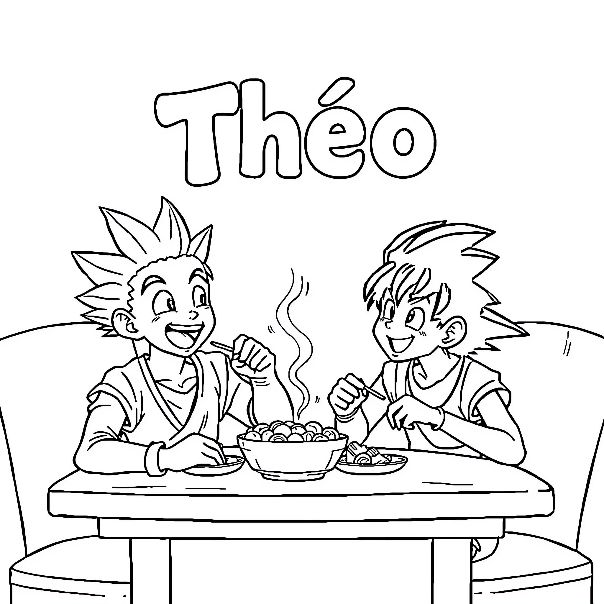 Goten and Trunks enjoying a meal together Coloring Page (free black-and-white line drawing printable PDF for all, from beginners to advanced learners, including children, teens, adults, and seniors)