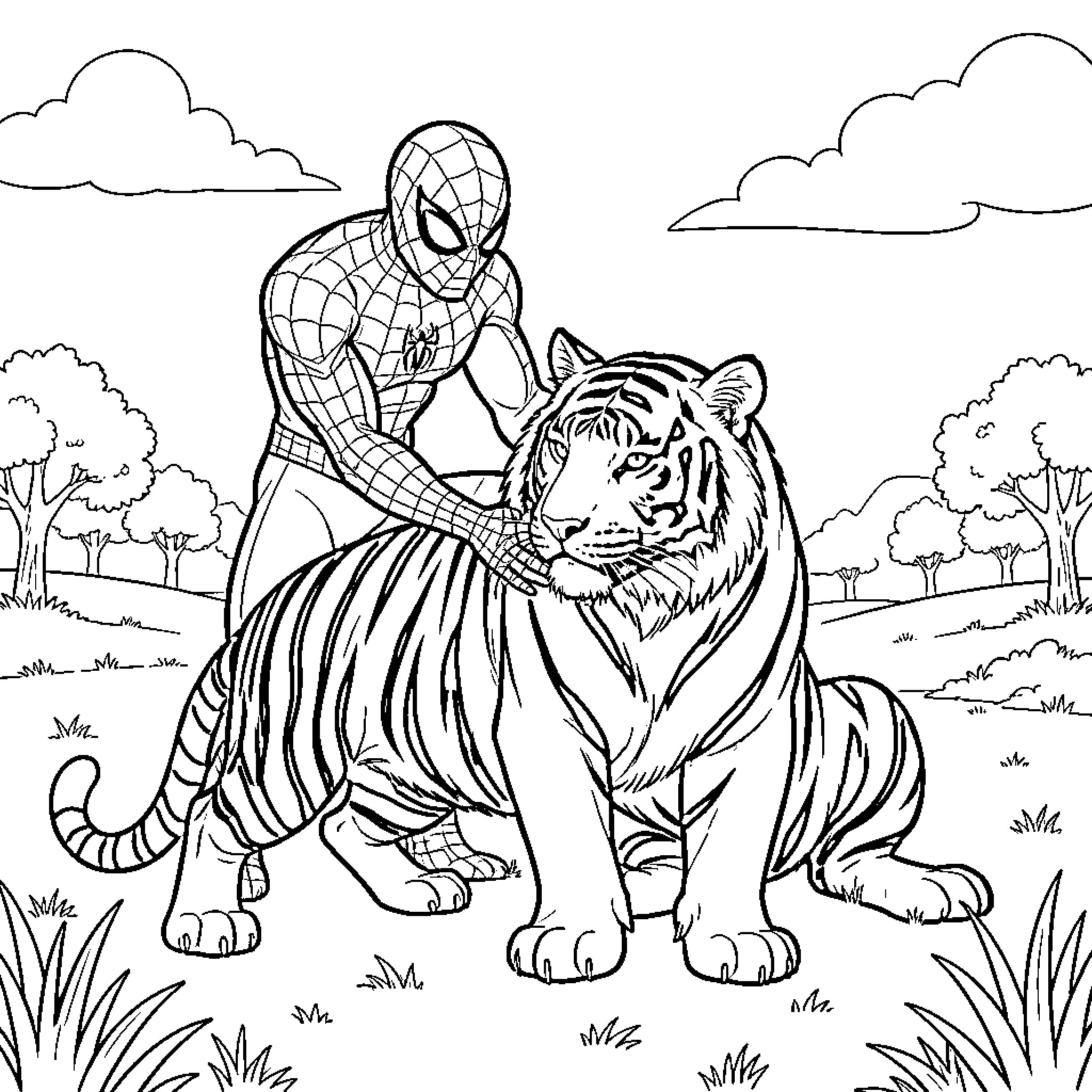 Spider-Man rescues a tiger in the wilderness Coloring Page (free black-and-white line drawing printable PDF for all, from beginners to advanced learners, including children, teens, adults, and seniors)
