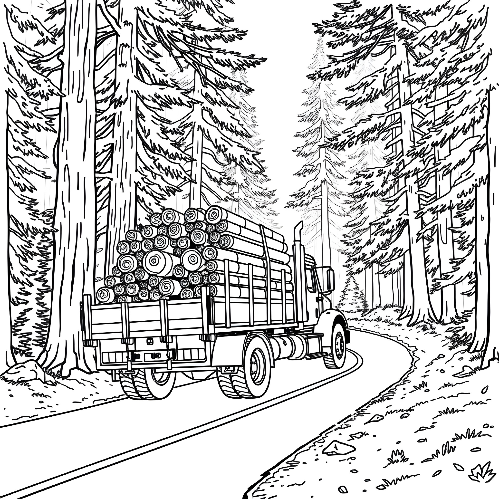 Truck transporting logs through forest landscape Coloring Page (free black-and-white line drawing printable PDF for all, from beginners to advanced learners, including children, teens, adults, and seniors)