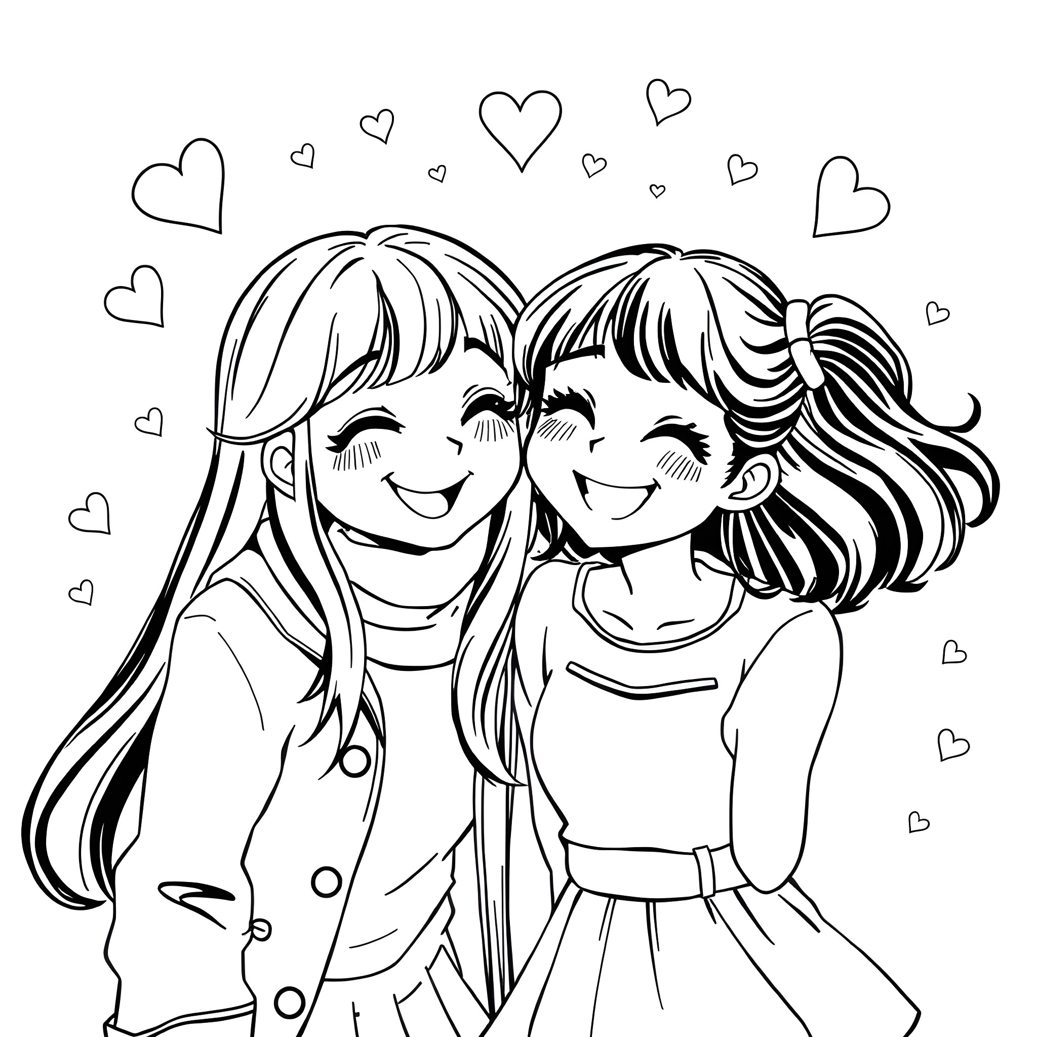 Girl friends sharing a happy moment Coloring Page (free black-and-white line drawing printable PDF for all, from beginners to advanced learners, including children, teens, adults, and seniors)