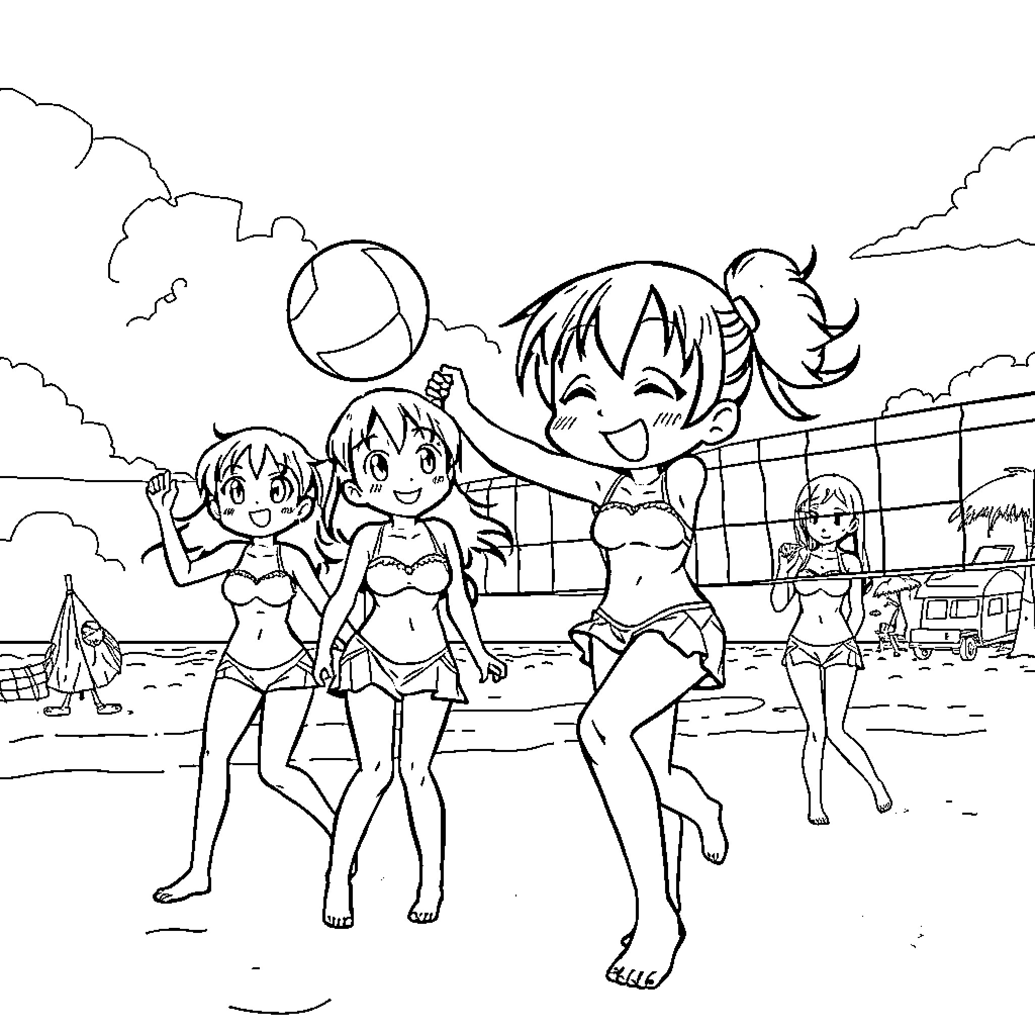 Kuromi and friends playing beach volleyball Coloring Page (free black-and-white line drawing printable PDF for all, from beginners to advanced learners, including children, teens, adults, and seniors)