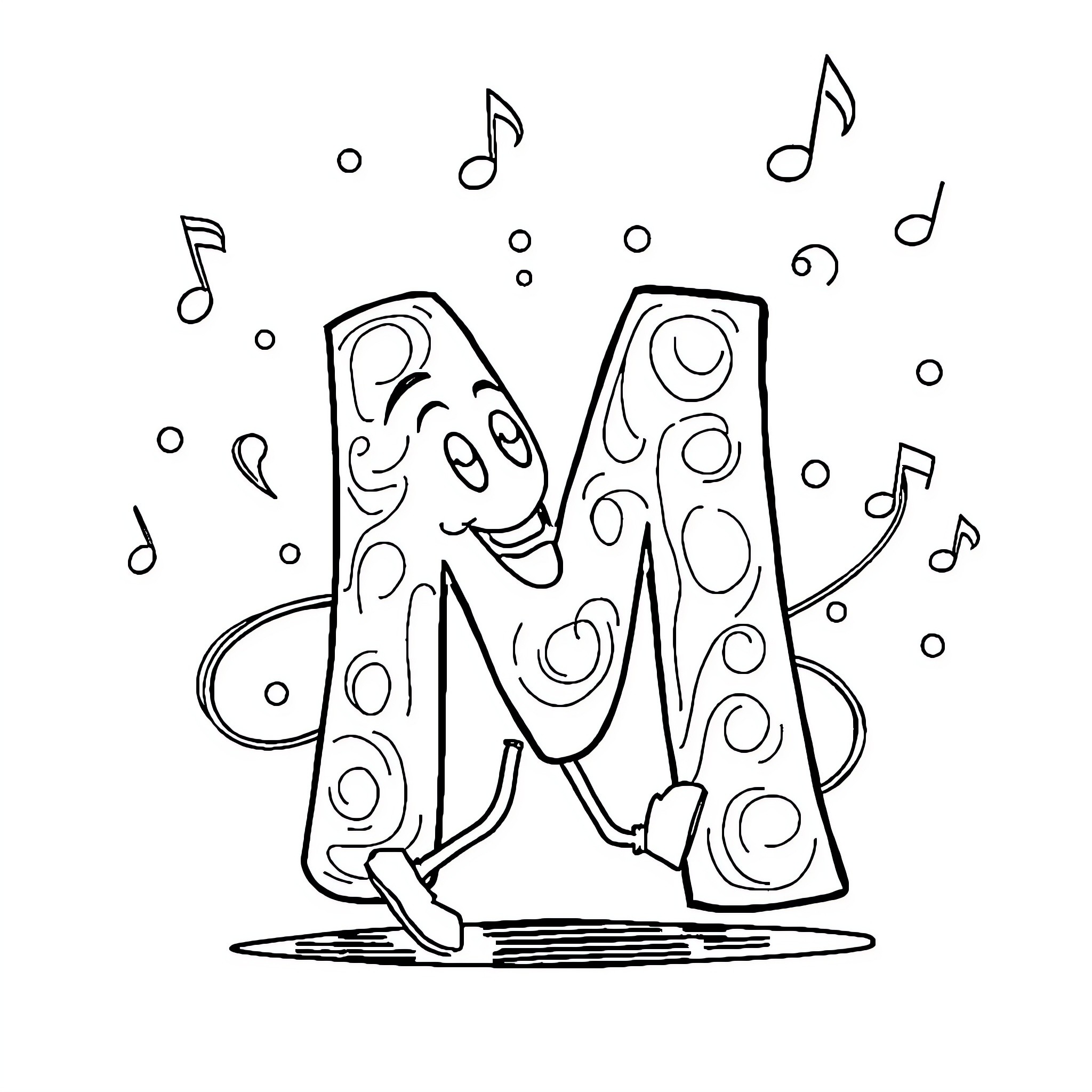 Letter M Dances with Musical Notes Coloring Page (free black-and-white line drawing printable PDF for all, from beginners to advanced learners, including children, teens, adults, and seniors)