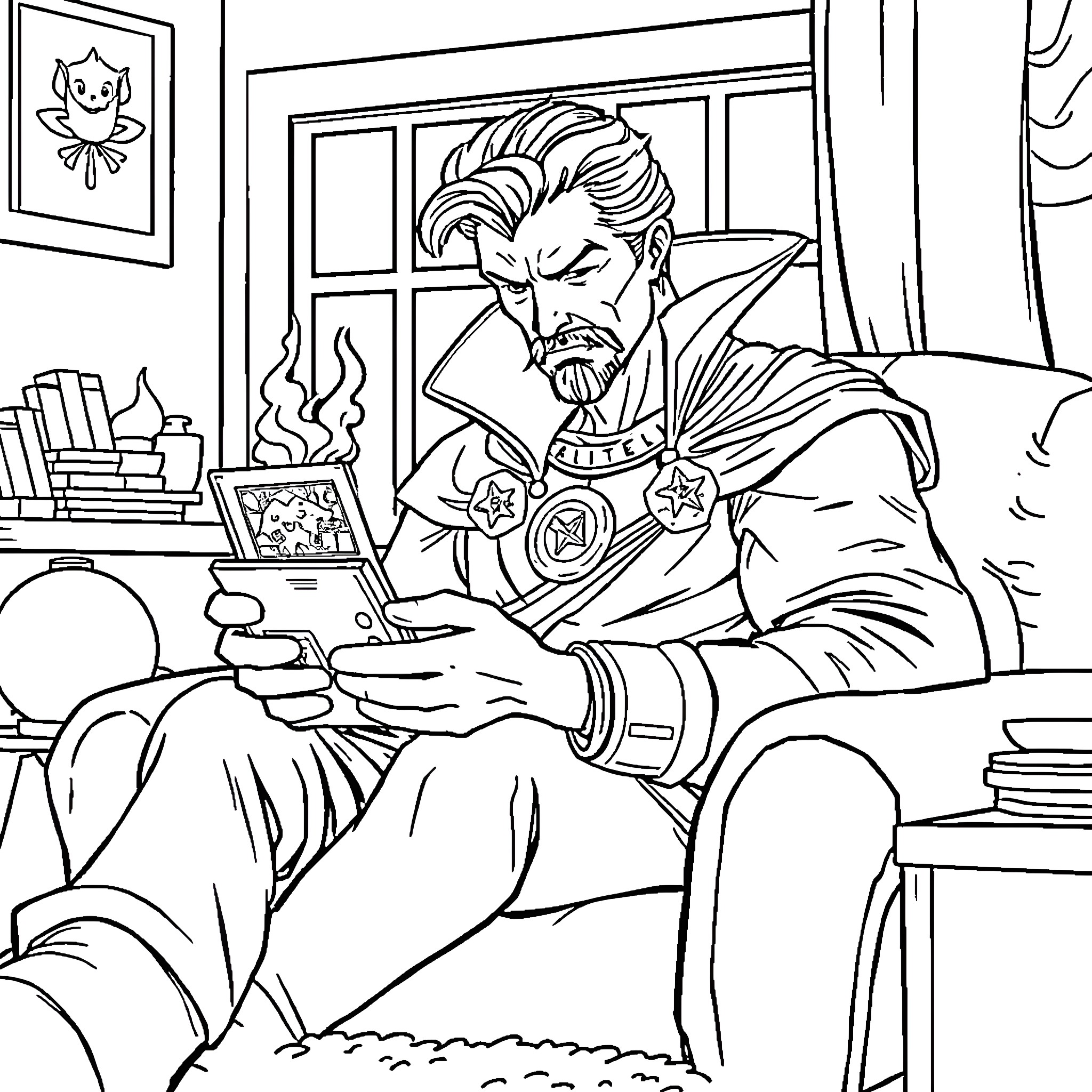 Doctor Strange contemplating mystical artifacts in his study Coloring Page (free black-and-white line drawing printable PDF for all, from beginners to advanced learners, including children, teens, adults, and seniors)