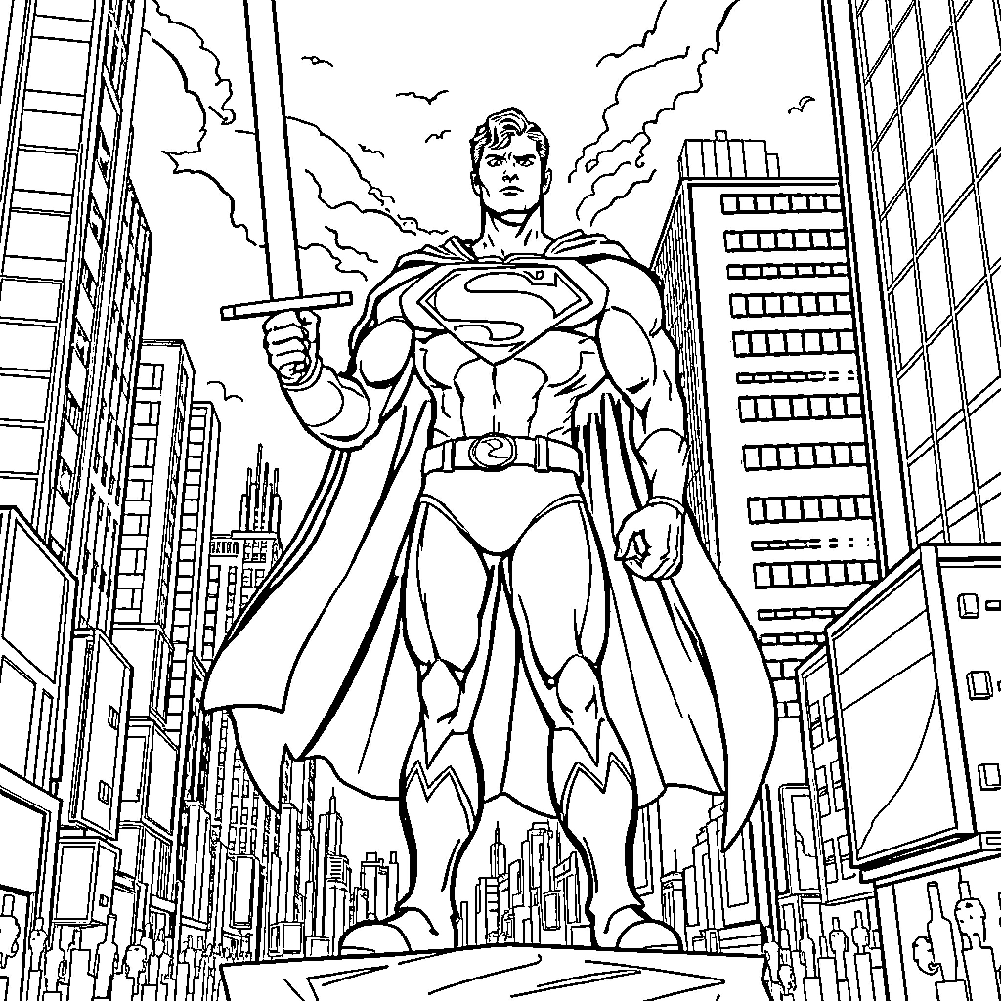 Superman standing tall in the city Coloring Page (free black-and-white line drawing printable PDF for all, from beginners to advanced learners, including children, teens, adults, and seniors)