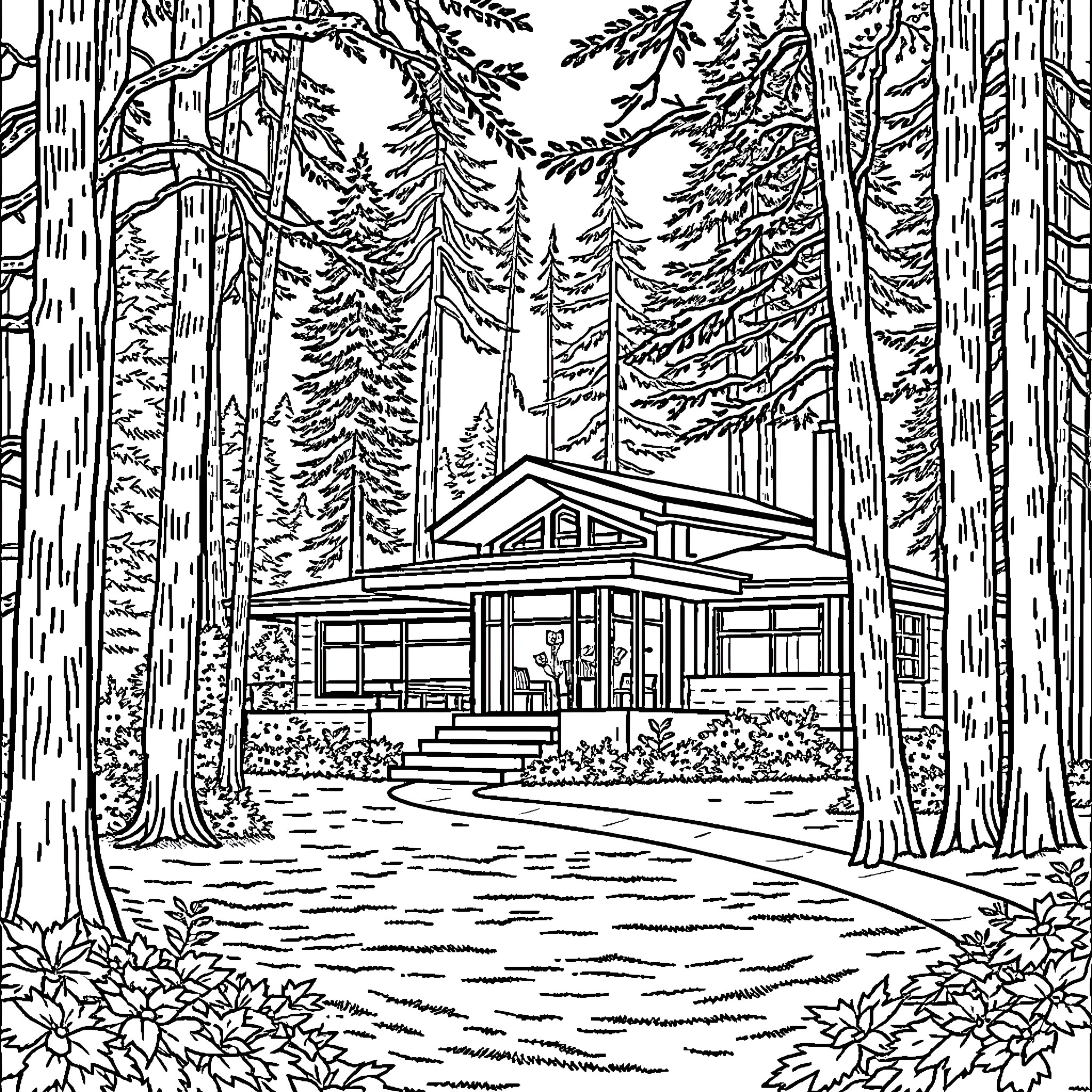 House in Peaceful Forest Landscape Coloring Page (free black-and-white line drawing printable PDF for all, from beginners to advanced learners, including children, teens, adults, and seniors)