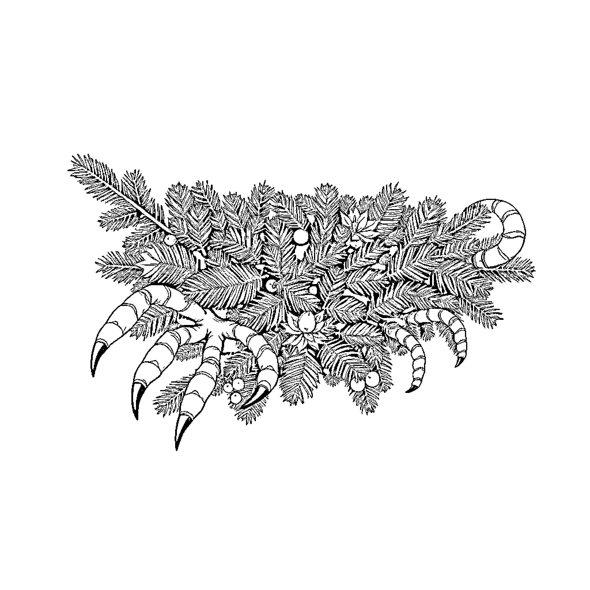 Christmas Tree with Elaborate Foliage and Ornaments Coloring Page (free black-and-white line drawing printable PDF for all, from beginners to advanced learners, including children, teens, adults, and seniors)