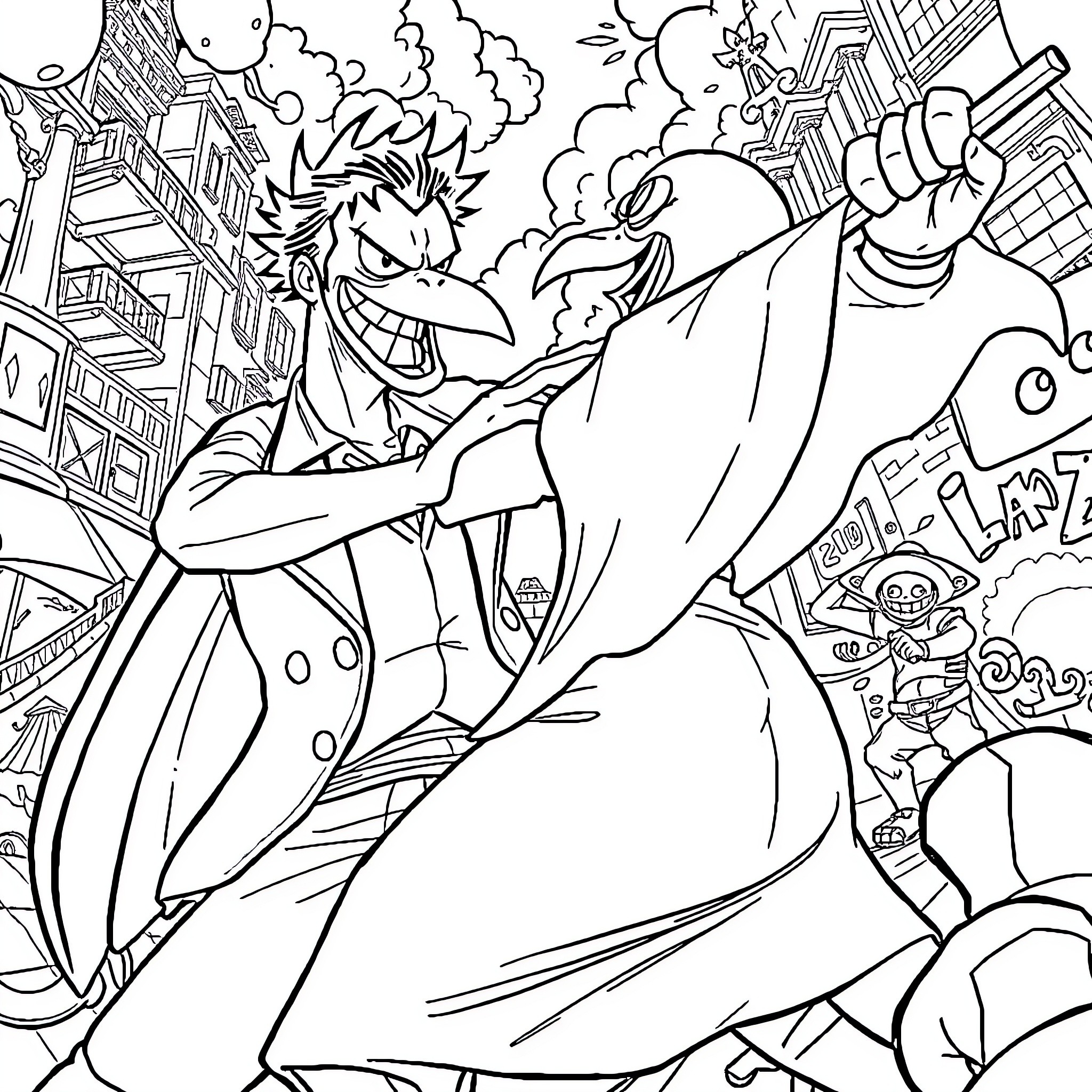 Guason's Chaotic Antics in the City Coloring Page (free black-and-white line drawing printable PDF for all, from beginners to advanced learners, including children, teens, adults, and seniors)