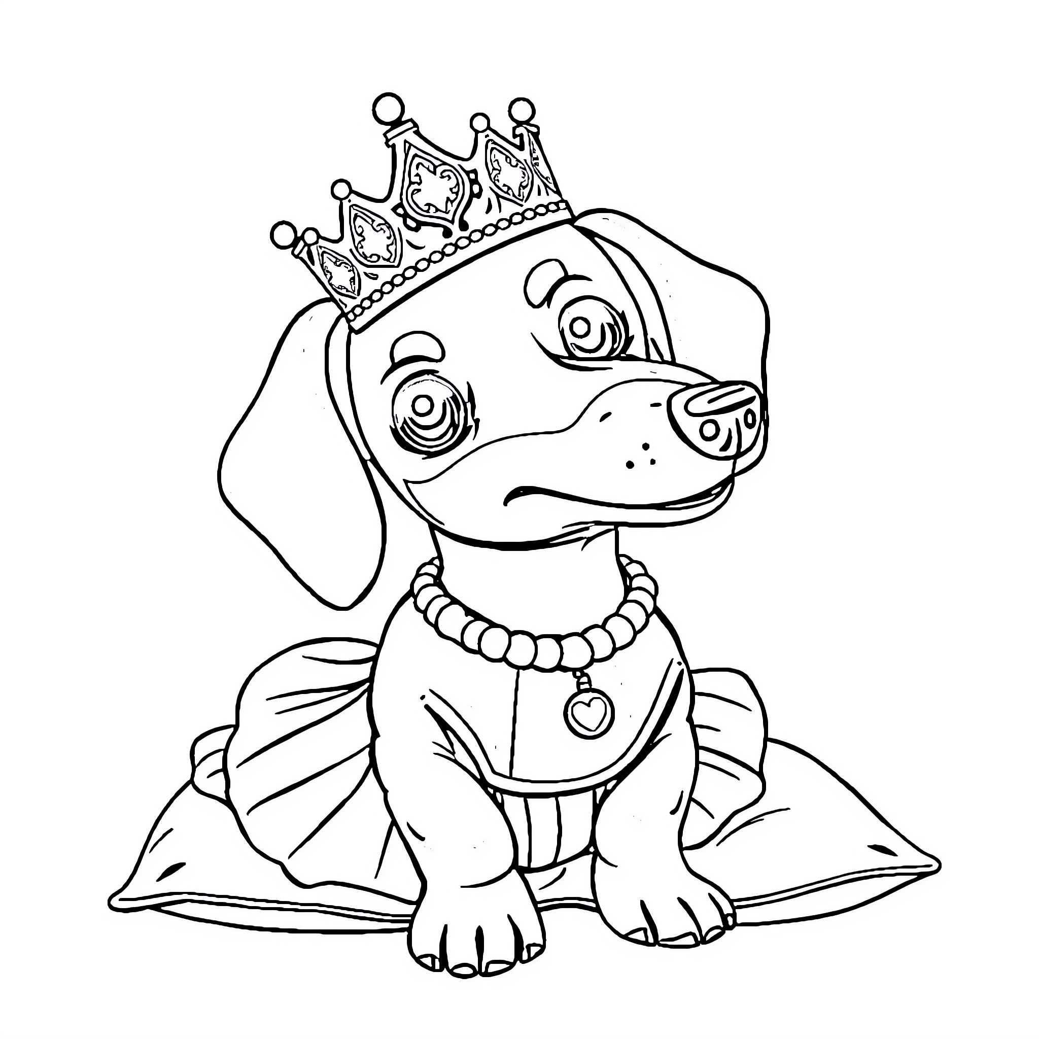 Dachshund dressed as a royal pet Coloring Page (free black-and-white line drawing printable PDF for all, from beginners to advanced learners, including children, teens, adults, and seniors)