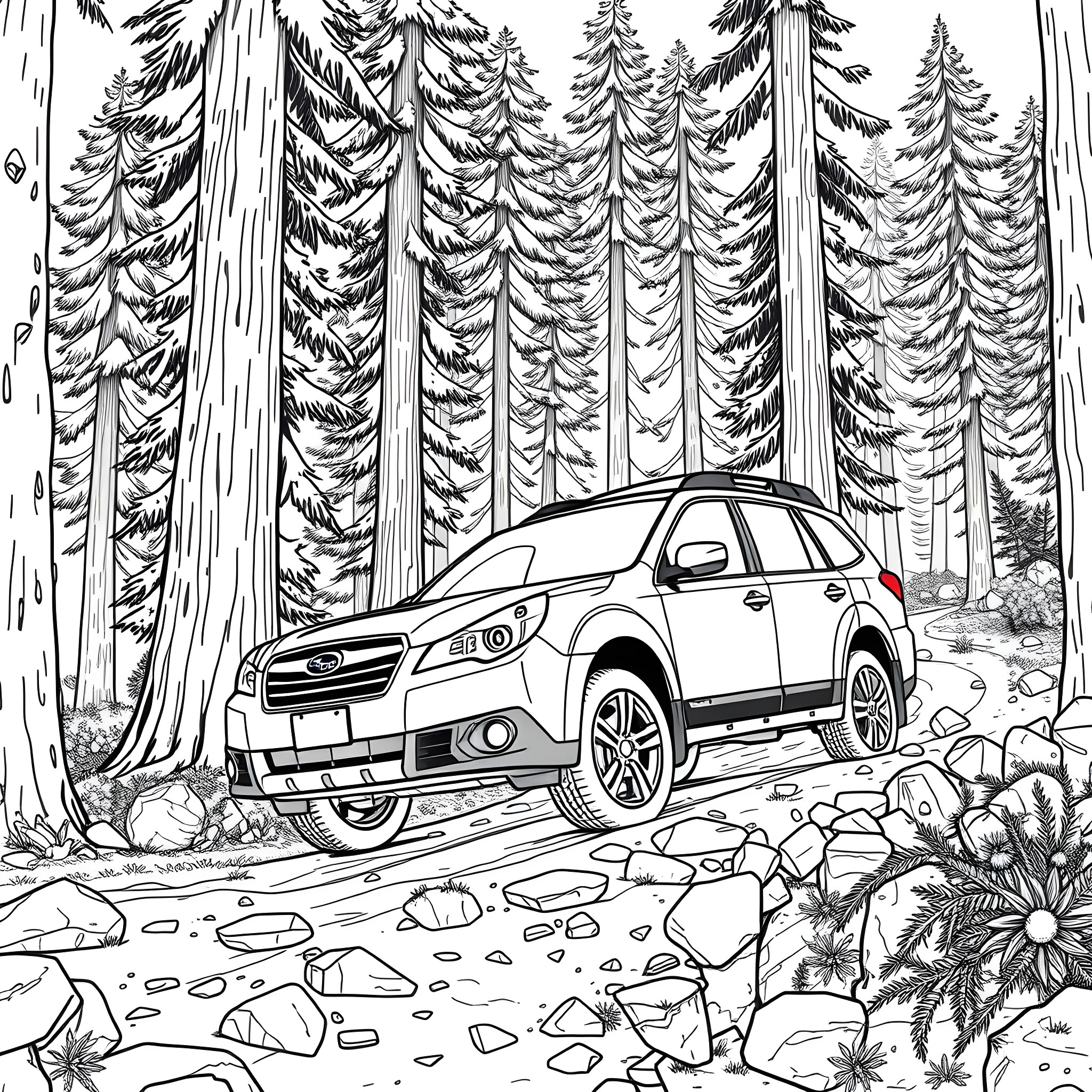 Subaru SUV exploring the rugged forest terrain Coloring Page (free black-and-white line drawing printable PDF for all, from beginners to advanced learners, including children, teens, adults, and seniors)