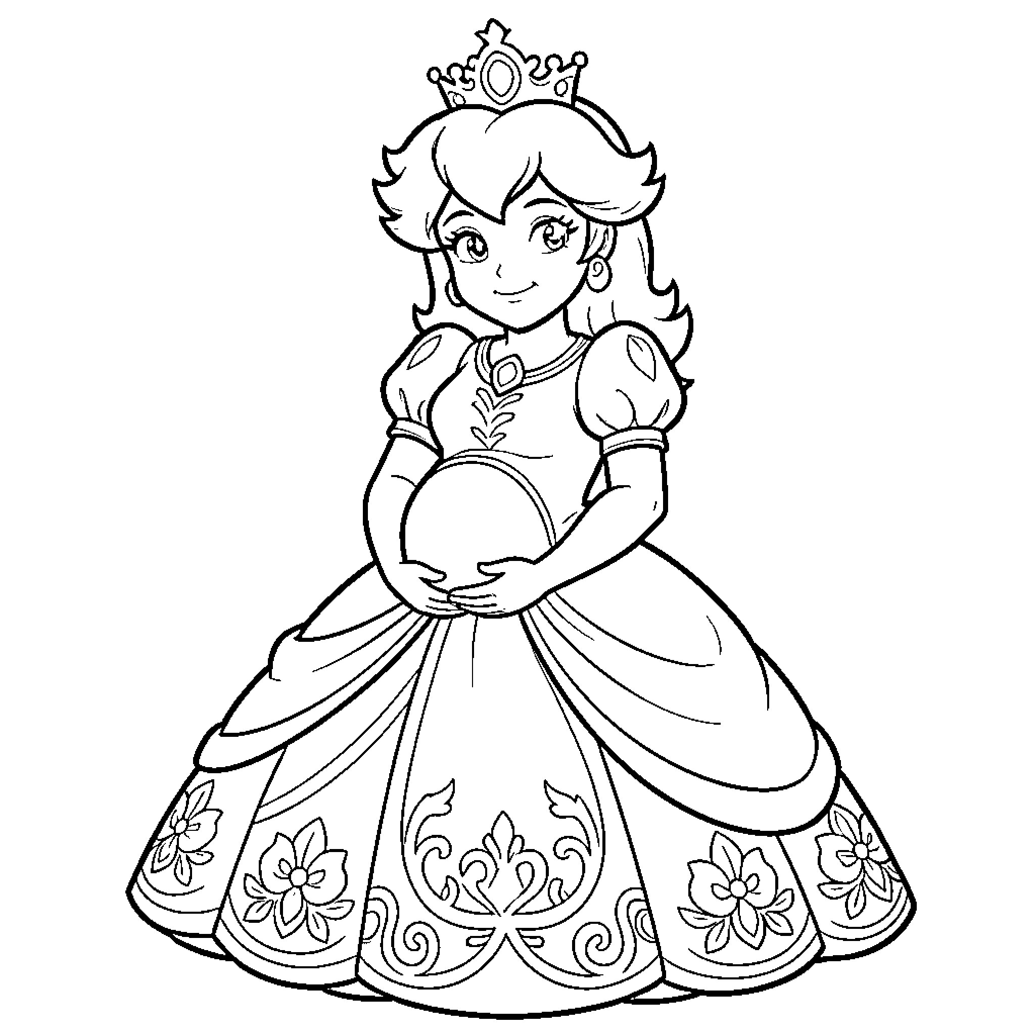 Princess Peach in her elaborate princess gown Coloring Page (free black-and-white line drawing printable PDF for all, from beginners to advanced learners, including children, teens, adults, and seniors)