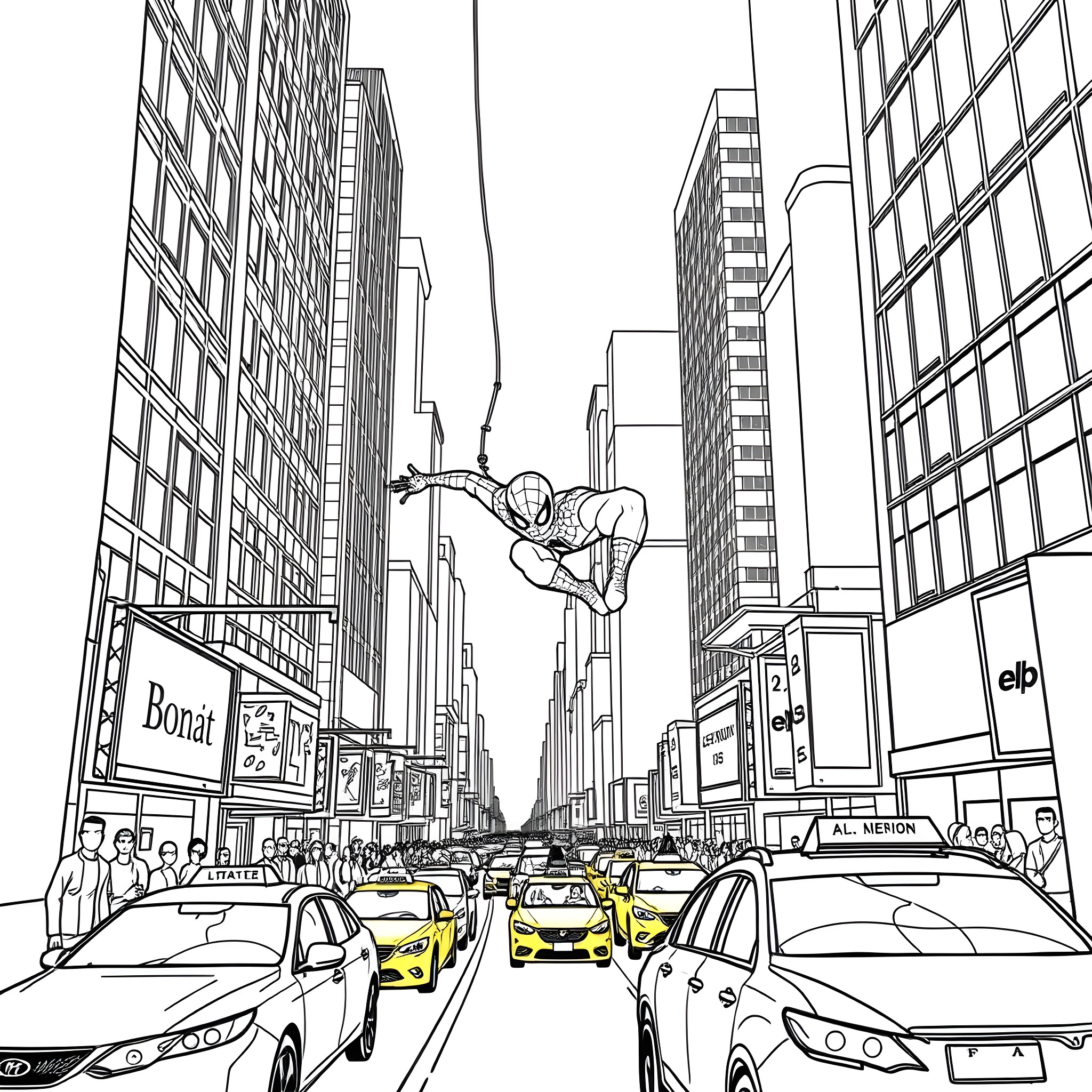 Spiderman web-swinging over busy city street Coloring Page (free black-and-white line drawing printable PDF for all, from beginners to advanced learners, including children, teens, adults, and seniors)