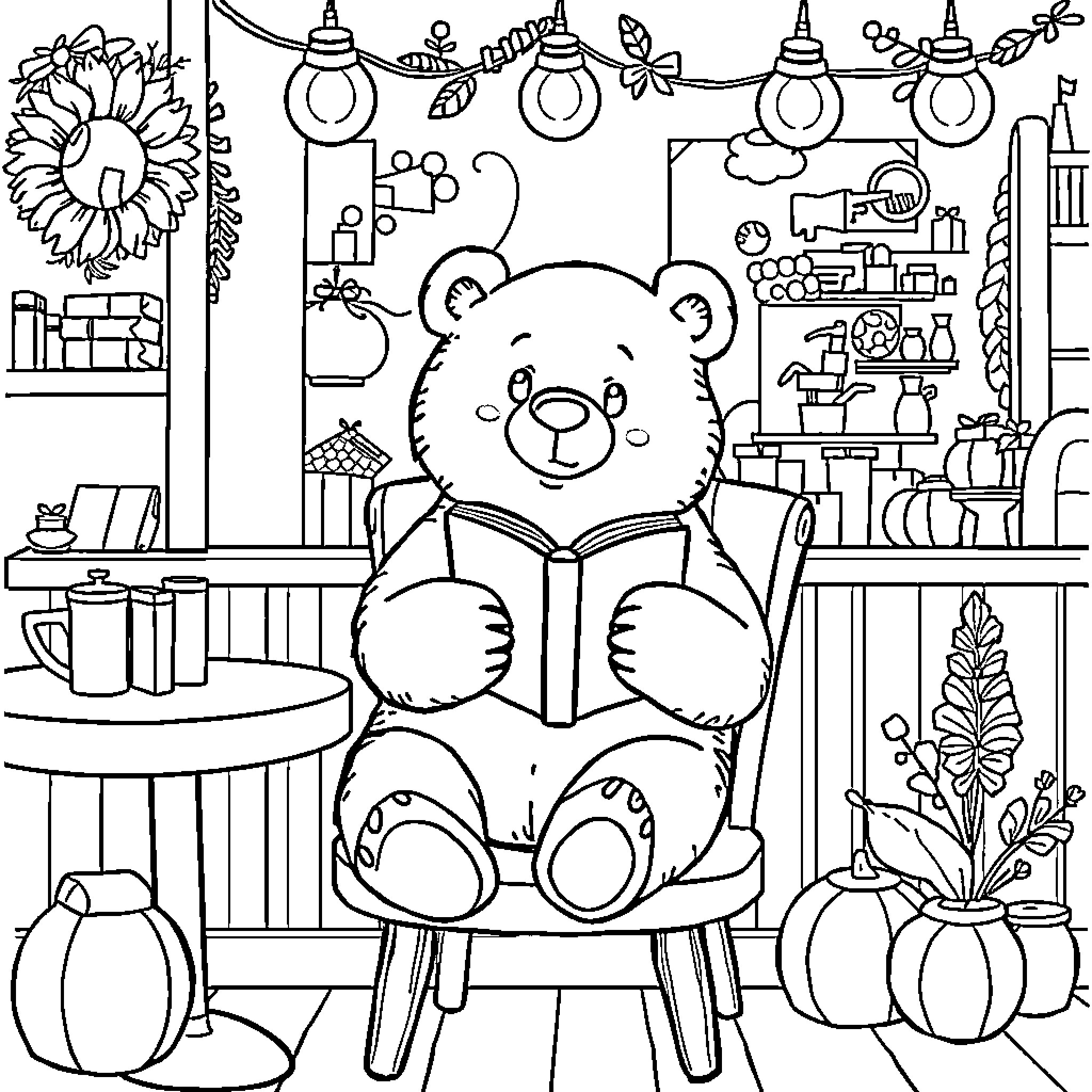 Bear reading book in cozy home setting Coloring Page (free black-and-white line drawing printable PDF for all, from beginners to advanced learners, including children, teens, adults, and seniors)