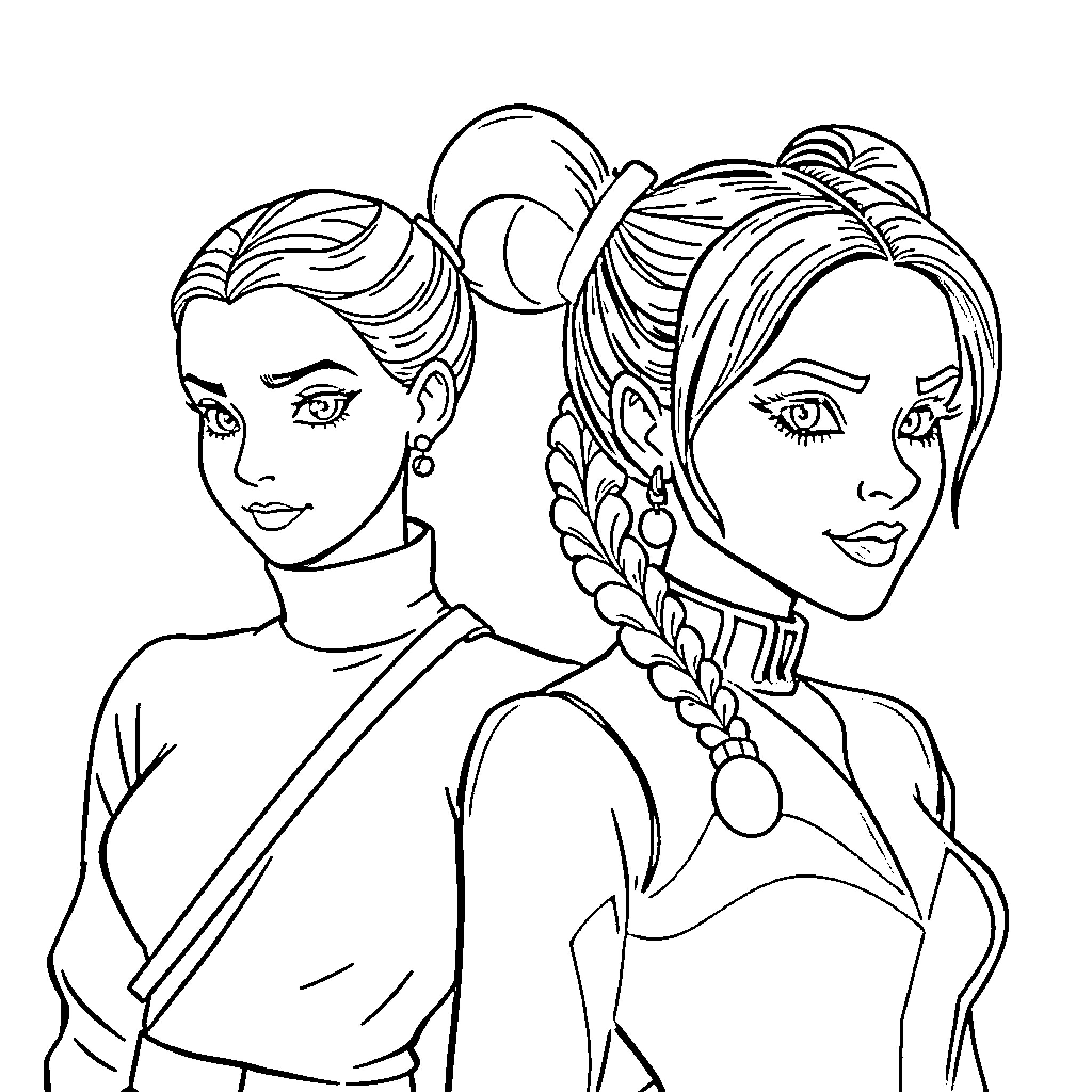 Harley Quinn and Poison Ivy in Dramatic Poses Coloring Page (free black-and-white line drawing printable PDF for all, from beginners to advanced learners, including children, teens, adults, and seniors)