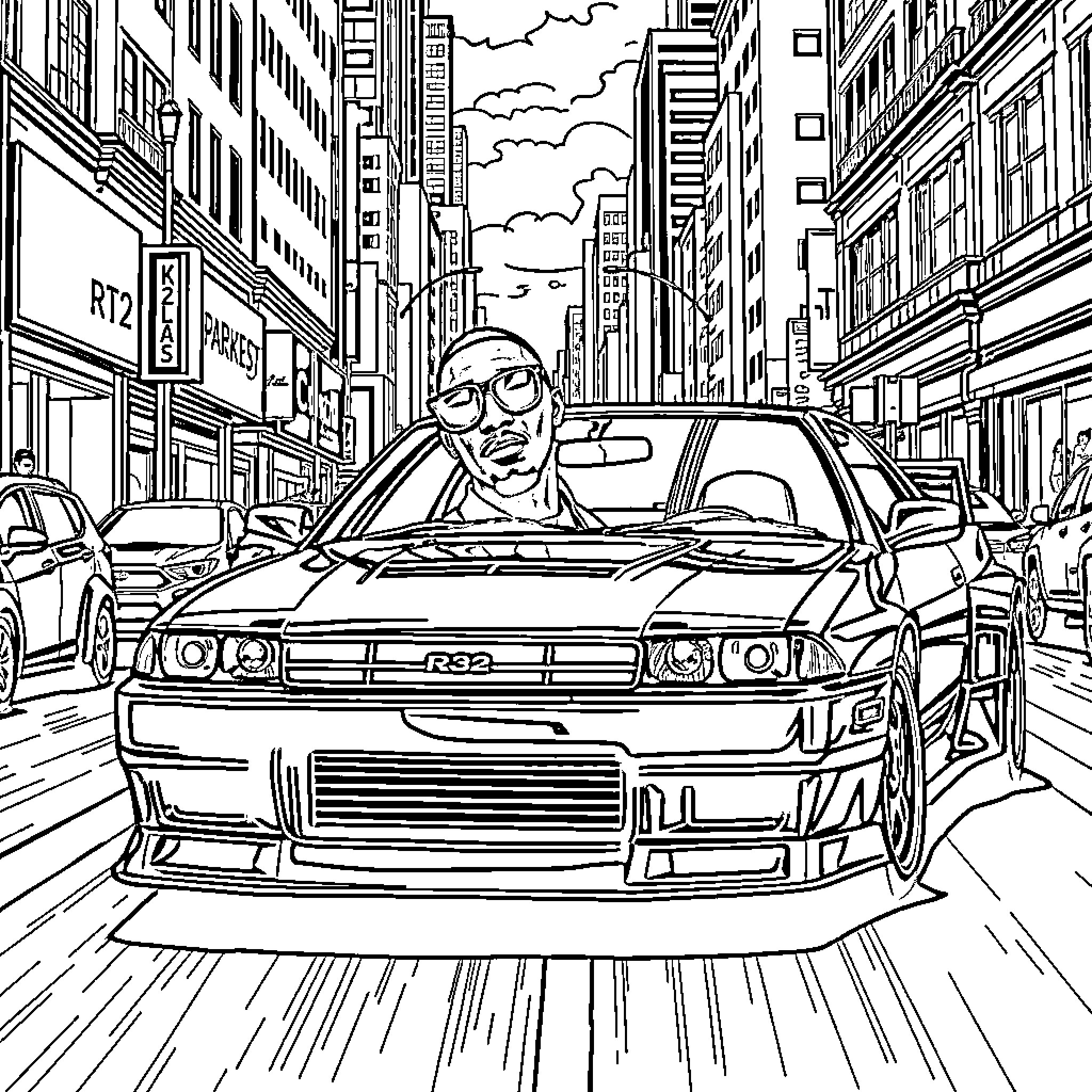 AKA Driver in high-speed city car pursuit Coloring Page (free black-and-white line drawing printable PDF for all, from beginners to advanced learners, including children, teens, adults, and seniors)