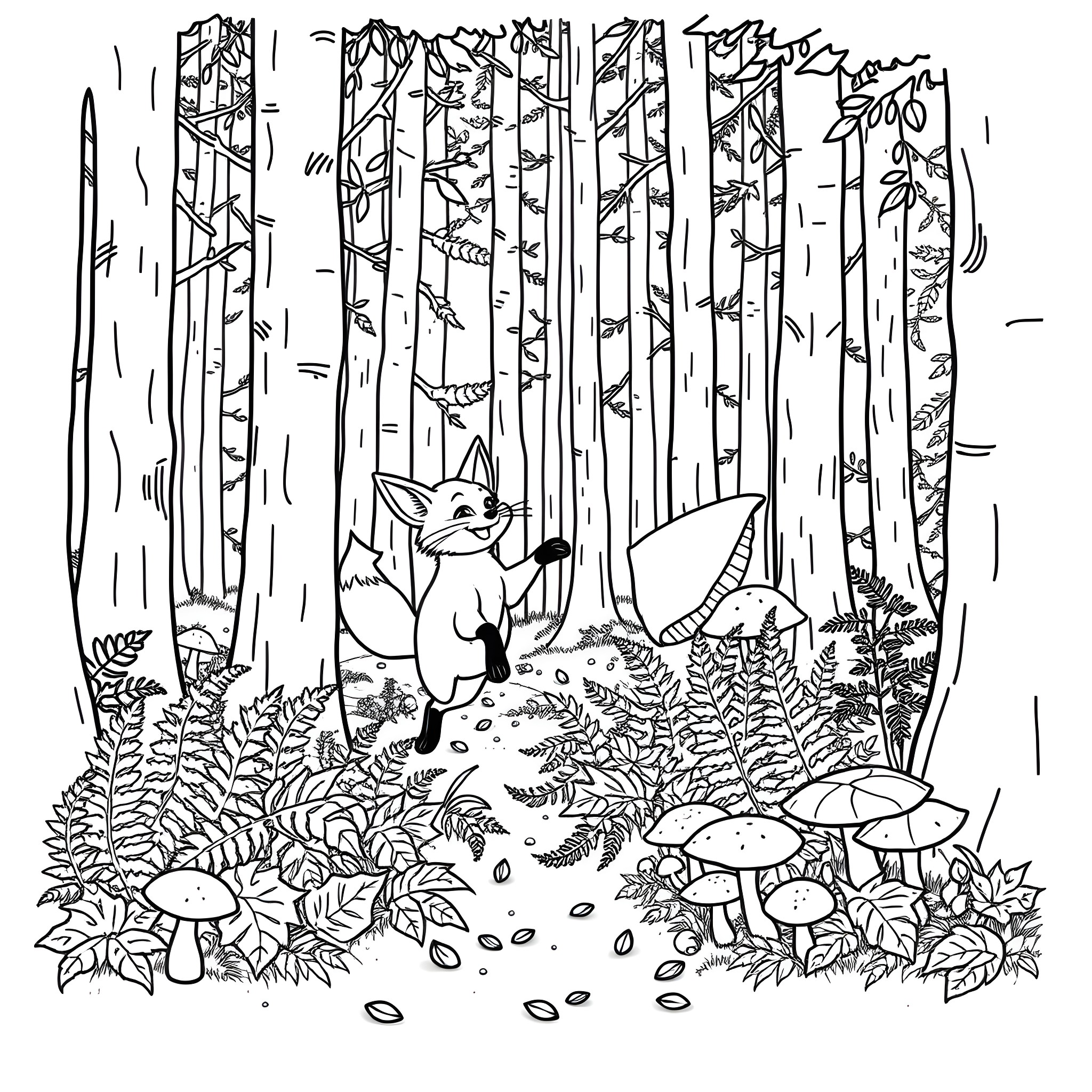 Fox exploring the enchanting forest Coloring Page (free black-and-white line drawing printable PDF for all, from beginners to advanced learners, including children, teens, adults, and seniors)