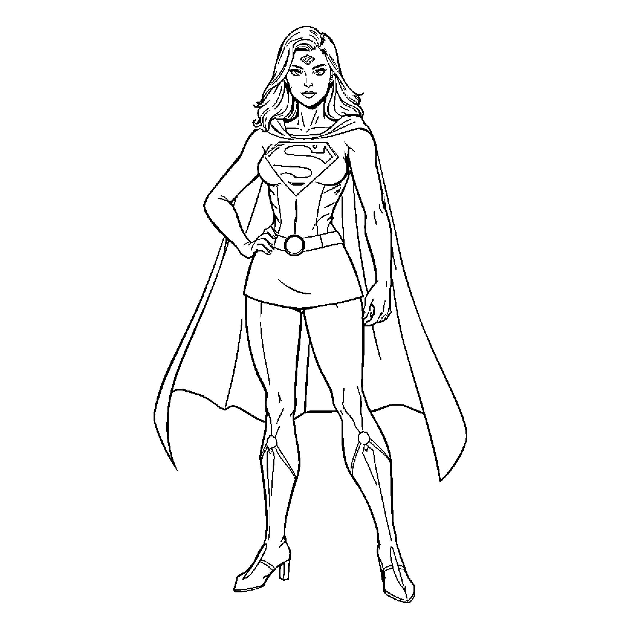Supergirl in heroic pose with flowing cape Coloring Page (free black-and-white line drawing printable PDF for all, from beginners to advanced learners, including children, teens, adults, and seniors)