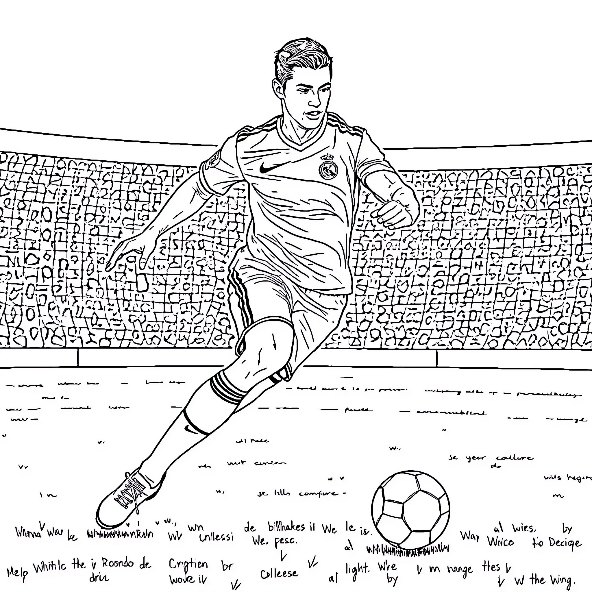 Cristiano Ronaldo Dribbling with Intensity on the Pitch Coloring Page (free black-and-white line drawing printable PDF for all, from beginners to advanced learners, including children, teens, adults, and seniors)