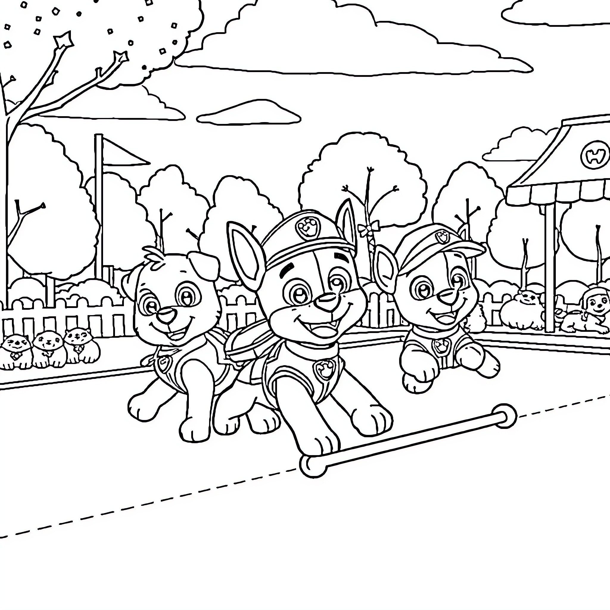Paw Patrol Pups Enjoying Outdoor Adventure Coloring Page (free black-and-white line drawing printable PDF for all, from beginners to advanced learners, including children, teens, adults, and seniors)