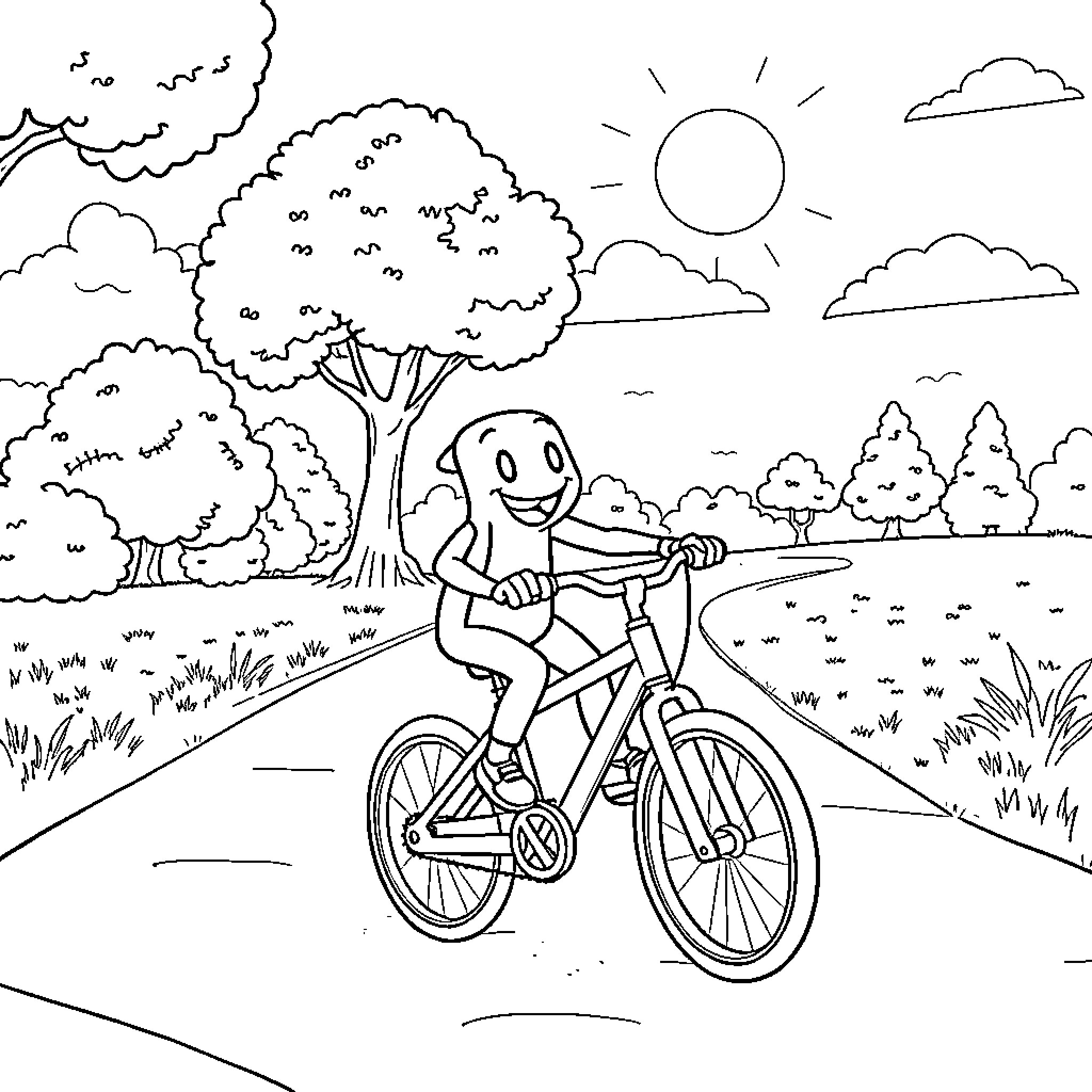 Peely goes for a bicycle ride in the park Coloring Page (free black-and-white line drawing printable PDF for all, from beginners to advanced learners, including children, teens, adults, and seniors)