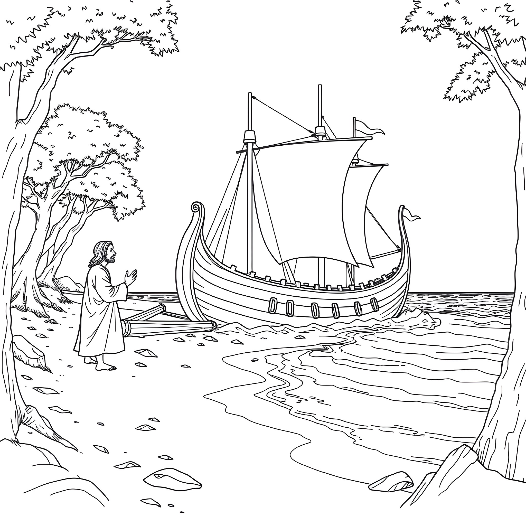 Nephi Observing a Viking Ship Sailing on the Sea Coloring Page (free black-and-white line drawing printable PDF for all, from beginners to advanced learners, including children, teens, adults, and seniors)