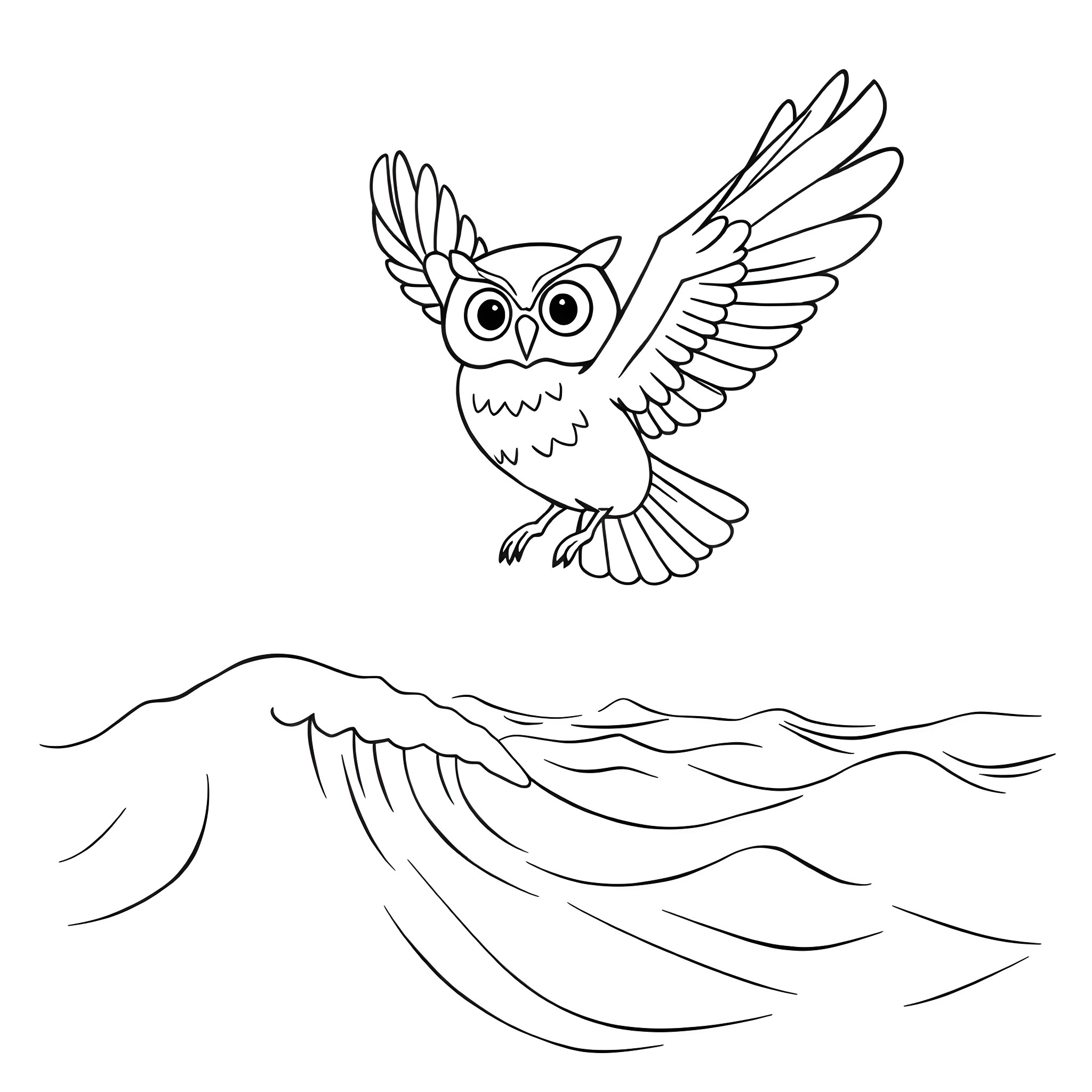 Owlette flying over the mountains Coloring Page (free black-and-white line drawing printable PDF for all, from beginners to advanced learners, including children, teens, adults, and seniors)