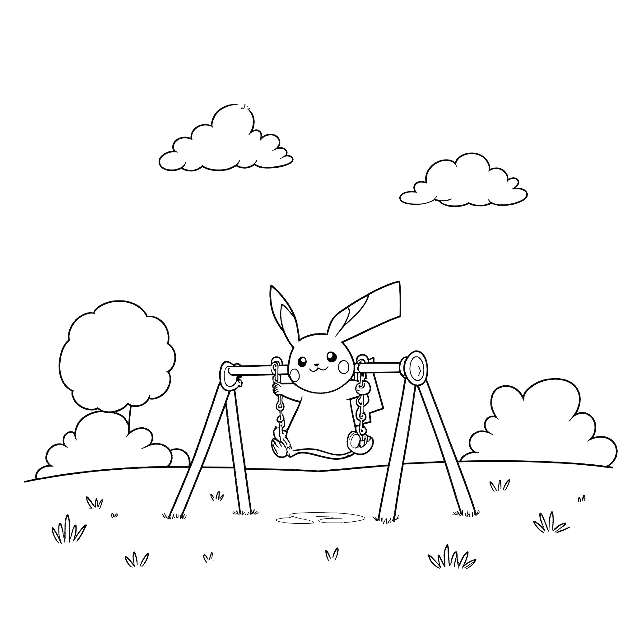 Pikachu playing on a swing in a scenic outdoor setting Coloring Page (free black-and-white line drawing printable PDF for all, from beginners to advanced learners, including children, teens, adults, and seniors)