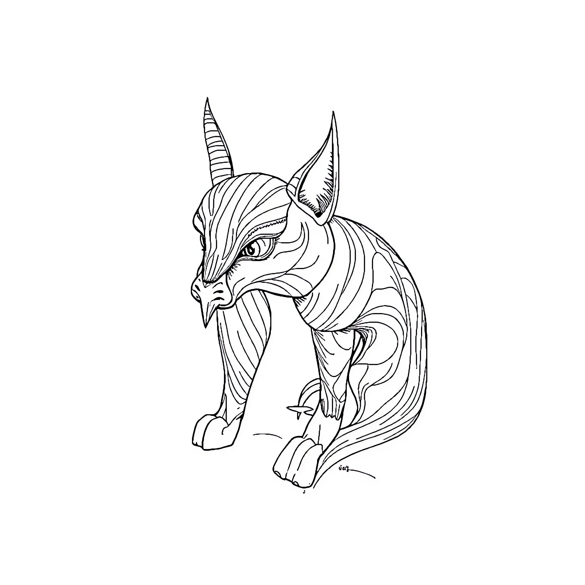 Art Mythical Creature with Intricate Design Coloring Page (free black-and-white line drawing printable PDF for all, from beginners to advanced learners, including children, teens, adults, and seniors)