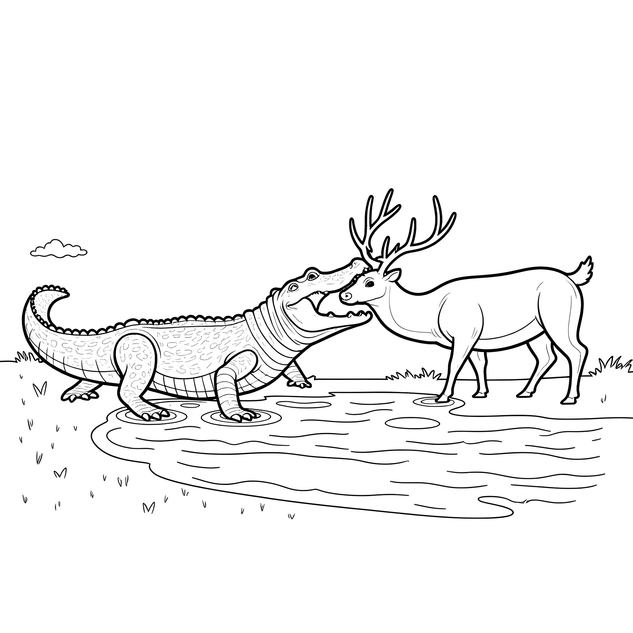 Alligator and deer in a swampy environment Coloring Page (free black-and-white line drawing printable PDF for all, from beginners to advanced learners, including children, teens, adults, and seniors)