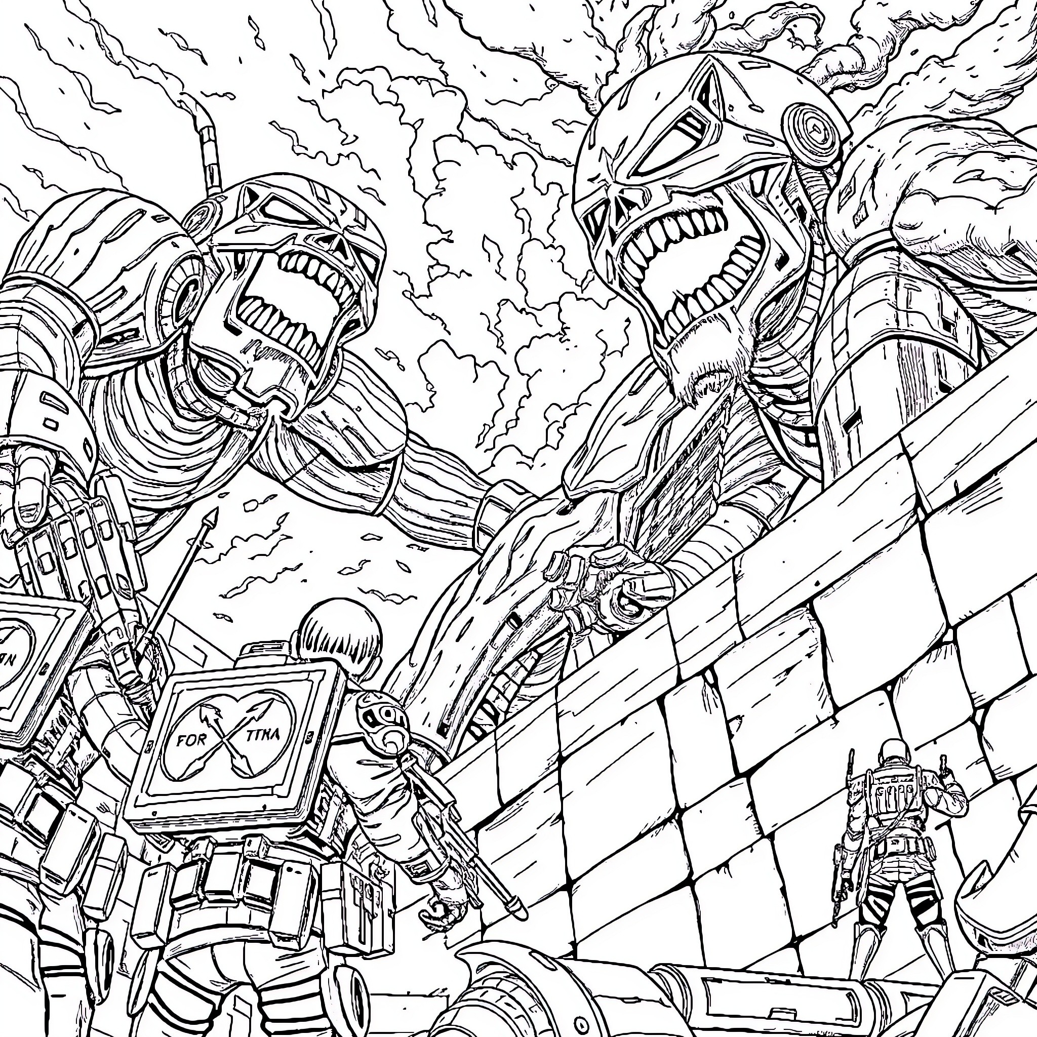 Attack on Titan: Colossal Titans Wreaking Havoc Coloring Page (free black-and-white line drawing printable PDF for all, from beginners to advanced learners, including children, teens, adults, and seniors)