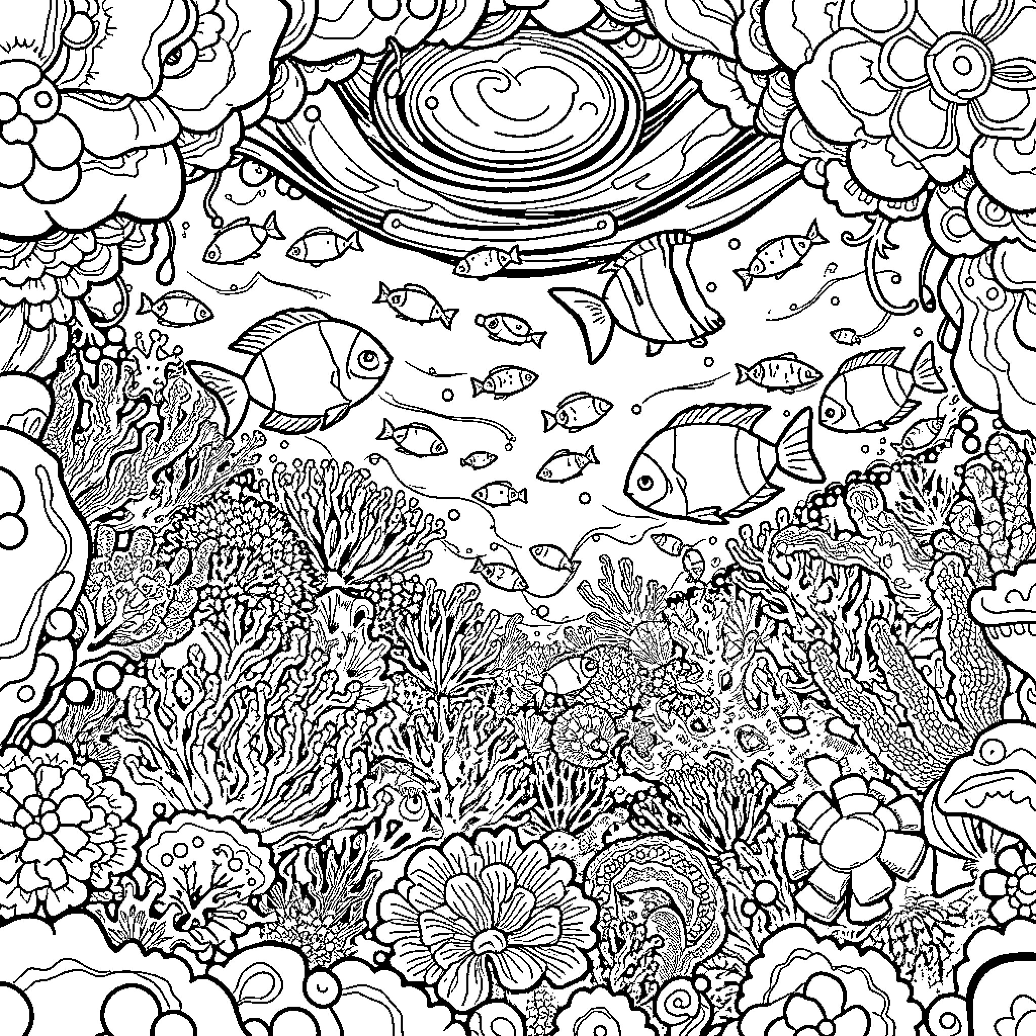Seascape of vibrant underwater life Coloring Page (free black-and-white line drawing printable PDF for all, from beginners to advanced learners, including children, teens, adults, and seniors)