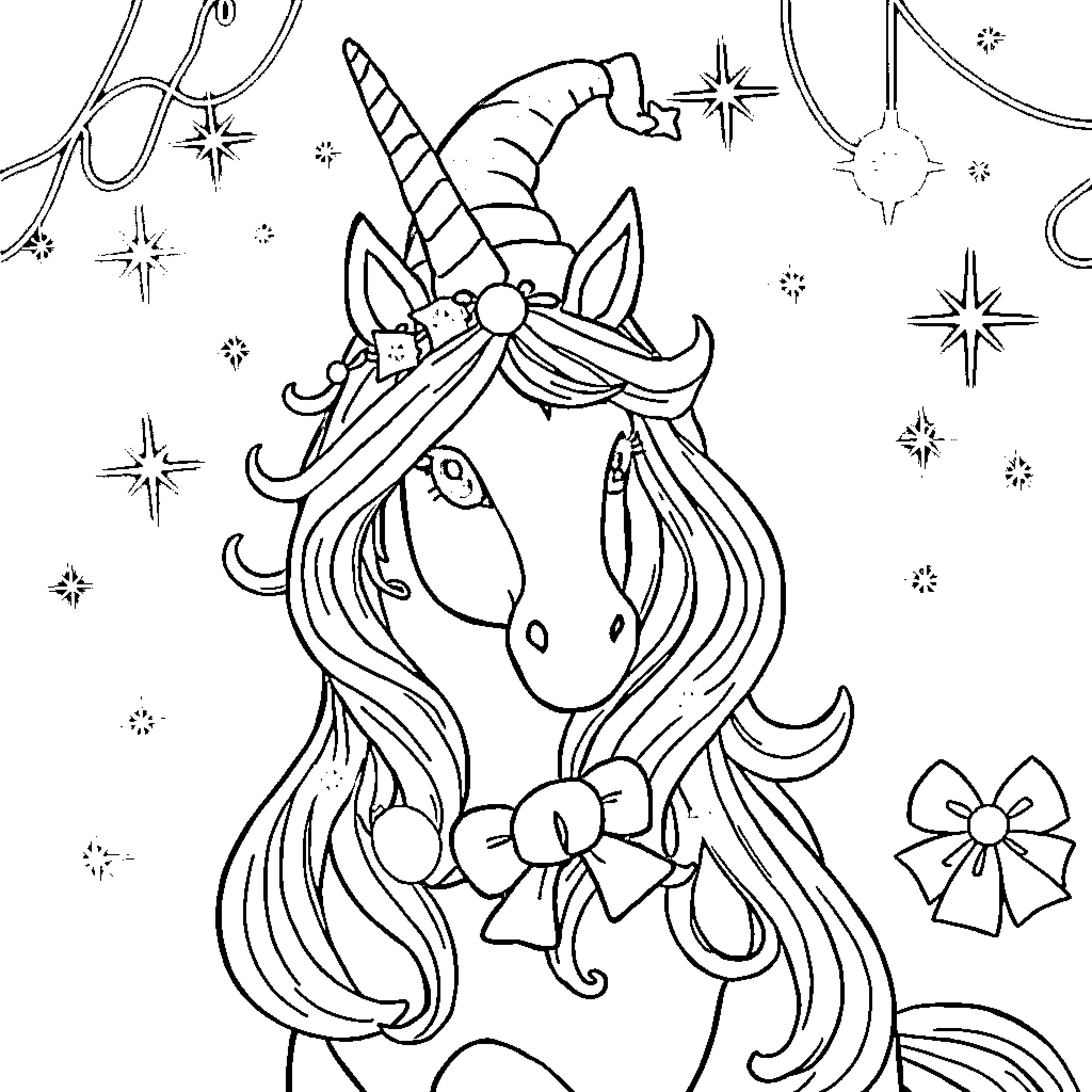 Unicorn wearing a festive hat and bow Coloring Page (free black-and-white line drawing printable PDF for all, from beginners to advanced learners, including children, teens, adults, and seniors)