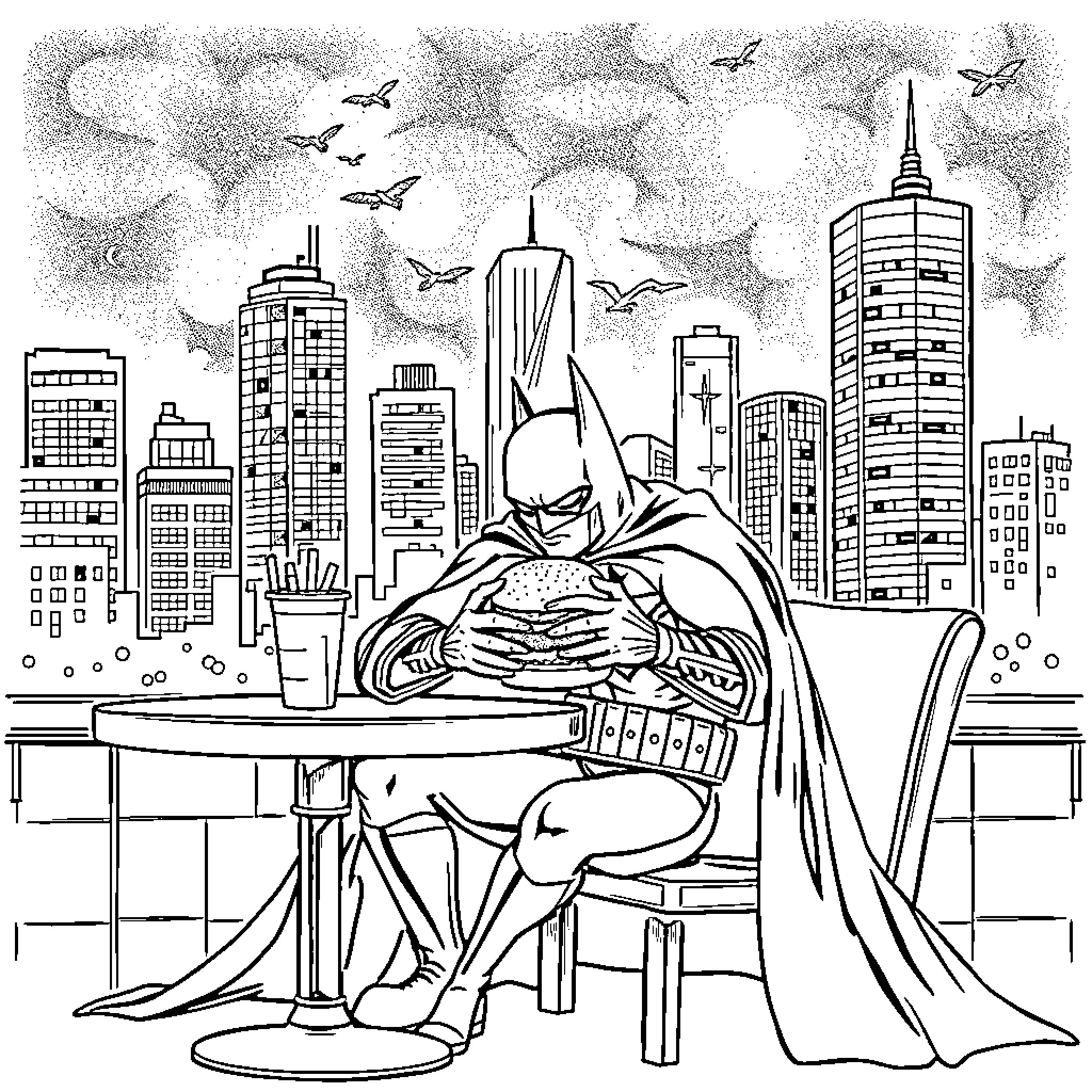 Batman working diligently in the bustling city Coloring Page (free black-and-white line drawing printable PDF for all, from beginners to advanced learners, including children, teens, adults, and seniors)