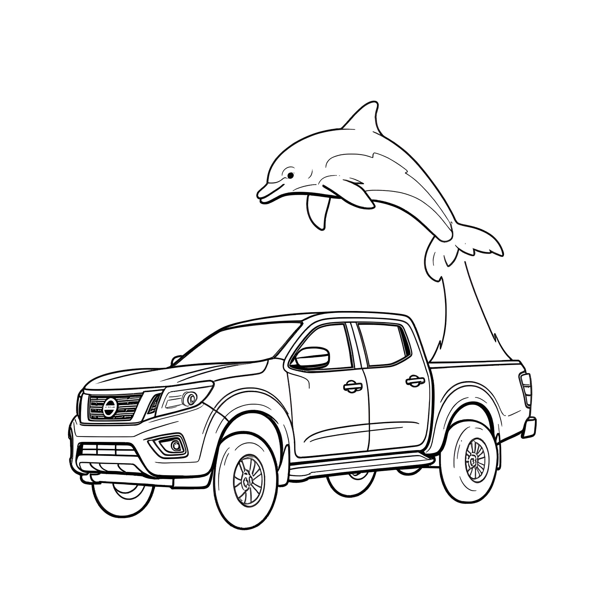 Dolphin leaping over a pickup truck Coloring Page (free black-and-white line drawing printable PDF for all, from beginners to advanced learners, including children, teens, adults, and seniors)