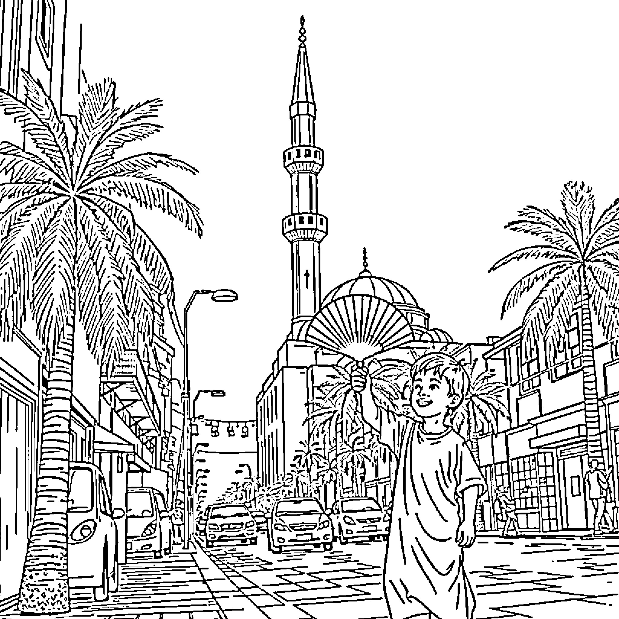 Child explores vibrant Middle Eastern cityscape Coloring Page (free black-and-white line drawing printable PDF for all, from beginners to advanced learners, including children, teens, adults, and seniors)