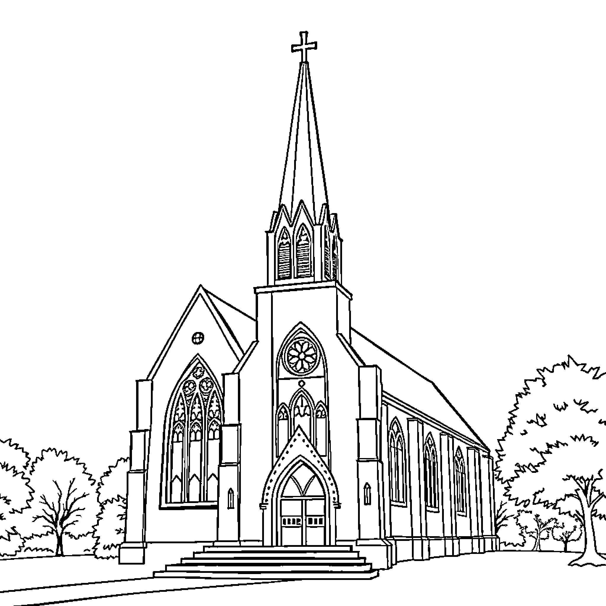 Catholic Church with Ornate Gothic Architecture Coloring Page (free black-and-white line drawing printable PDF for all, from beginners to advanced learners, including children, teens, adults, and seniors)