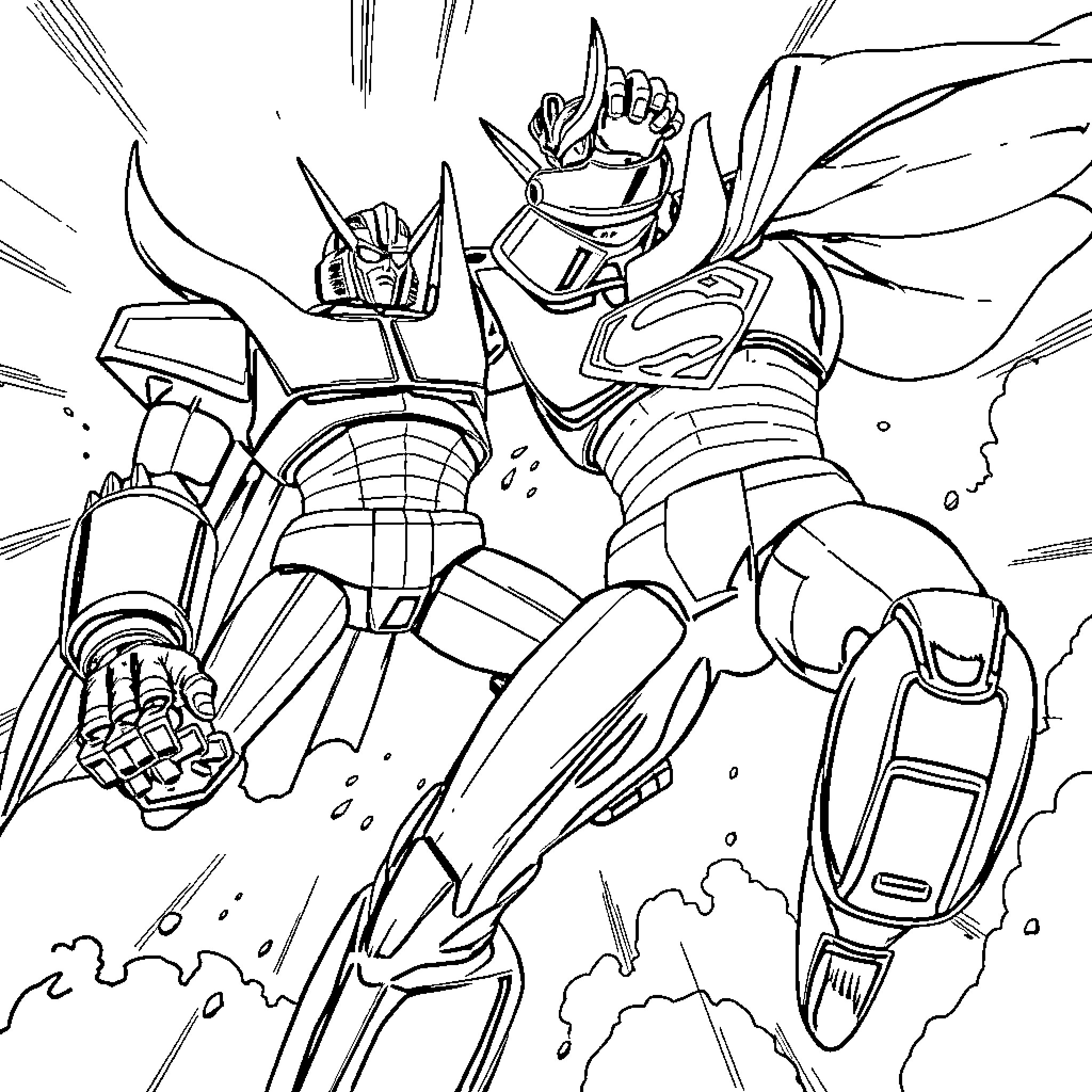 Mazinger battling with intense action Coloring Page (free black-and-white line drawing printable PDF for all, from beginners to advanced learners, including children, teens, adults, and seniors)