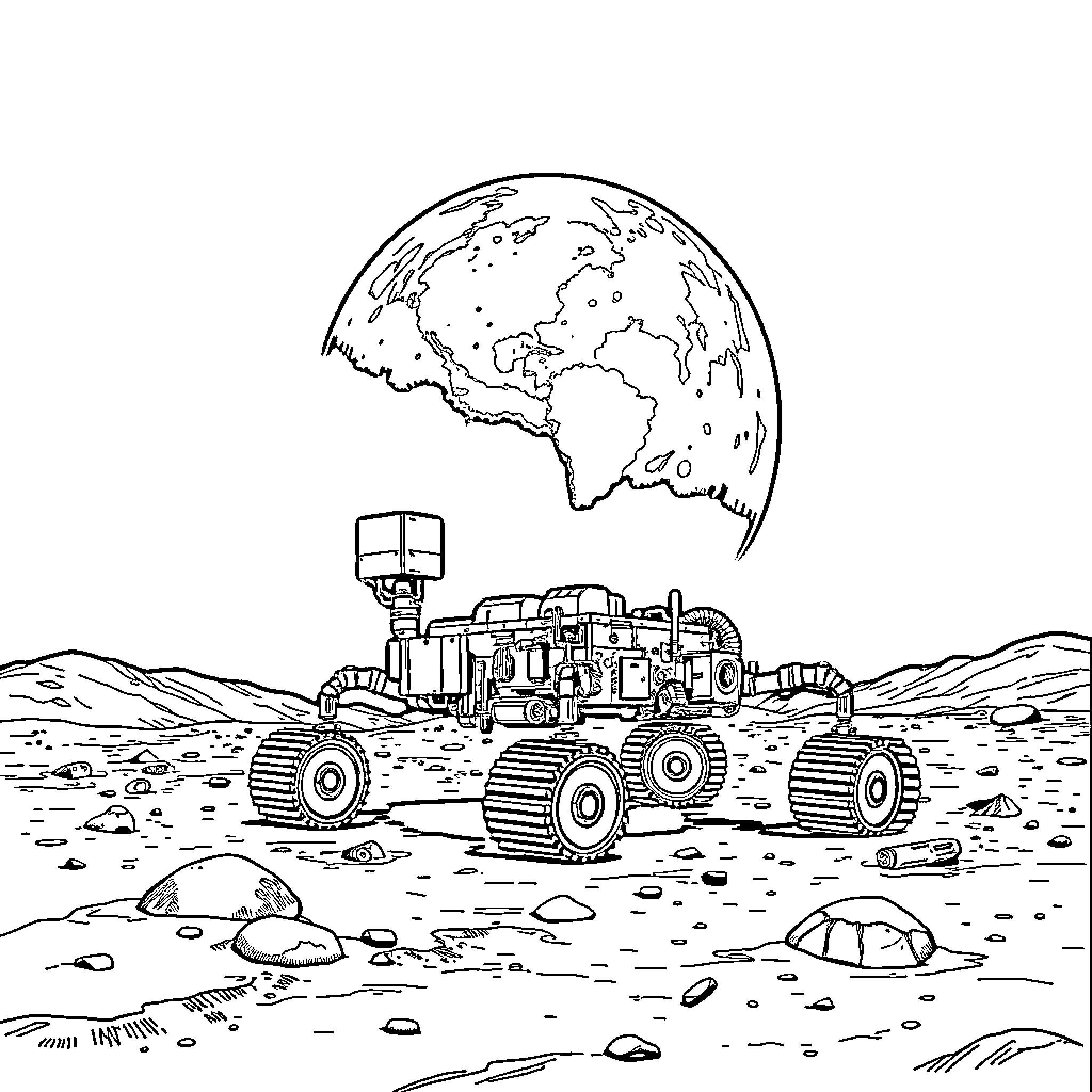 Rover exploring the surface of a distant planet Coloring Page (free black-and-white line drawing printable PDF for all, from beginners to advanced learners, including children, teens, adults, and seniors)