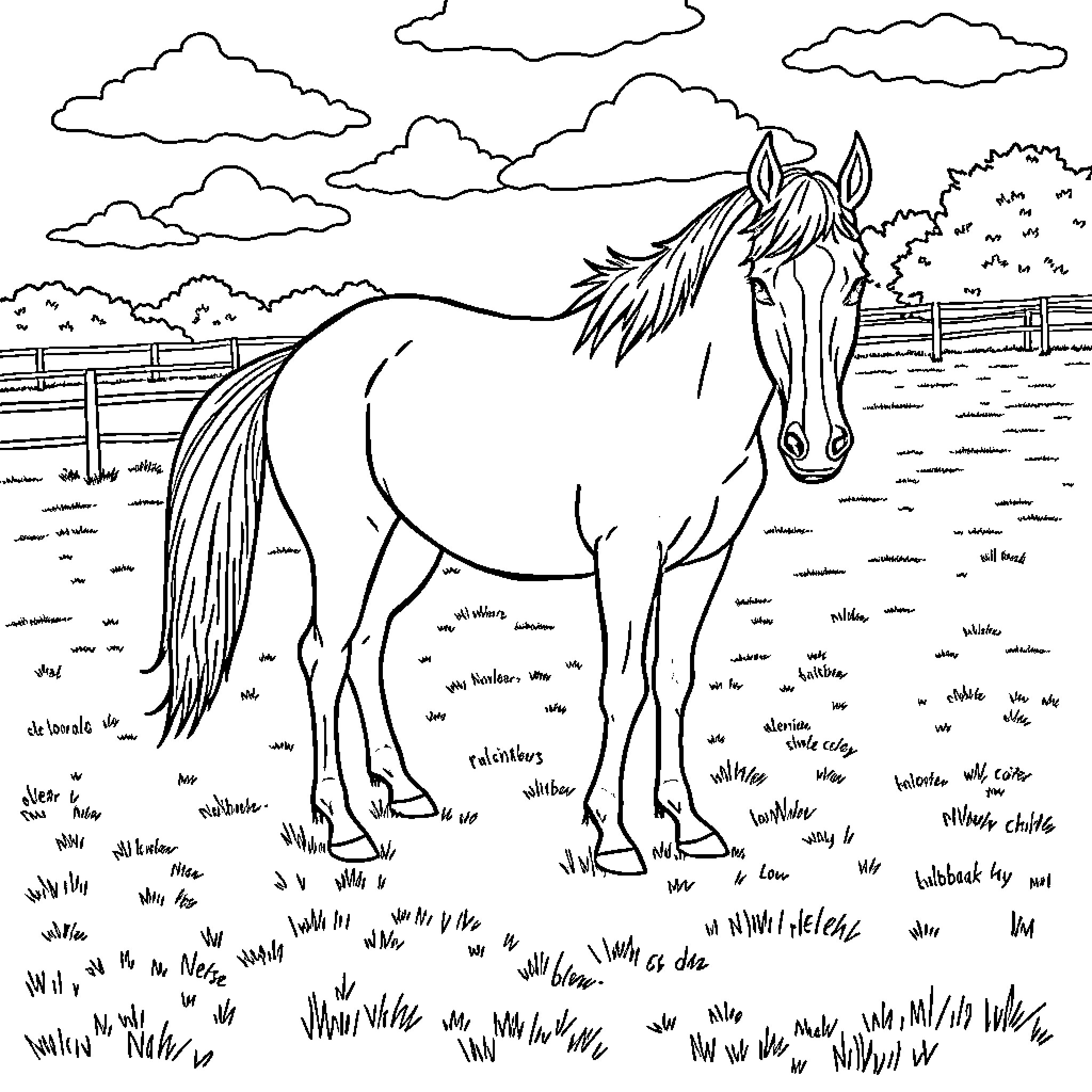 Horse standing in a grassy field with clouds Coloring Page (free black-and-white line drawing printable PDF for all, from beginners to advanced learners, including children, teens, adults, and seniors)