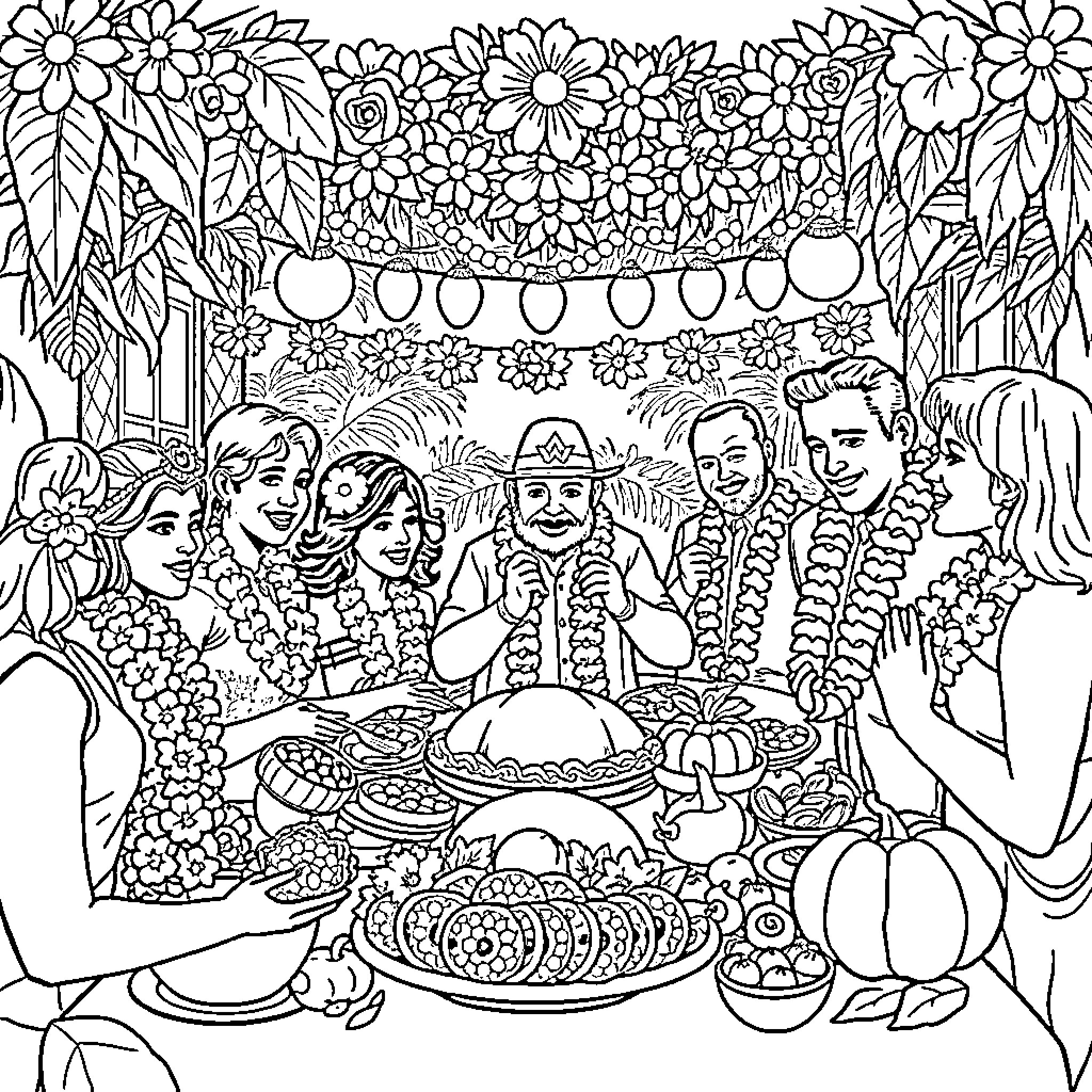 Thanksgiving Celebration in a Floral Garden Coloring Page (free black-and-white line drawing printable PDF for all, from beginners to advanced learners, including children, teens, adults, and seniors)