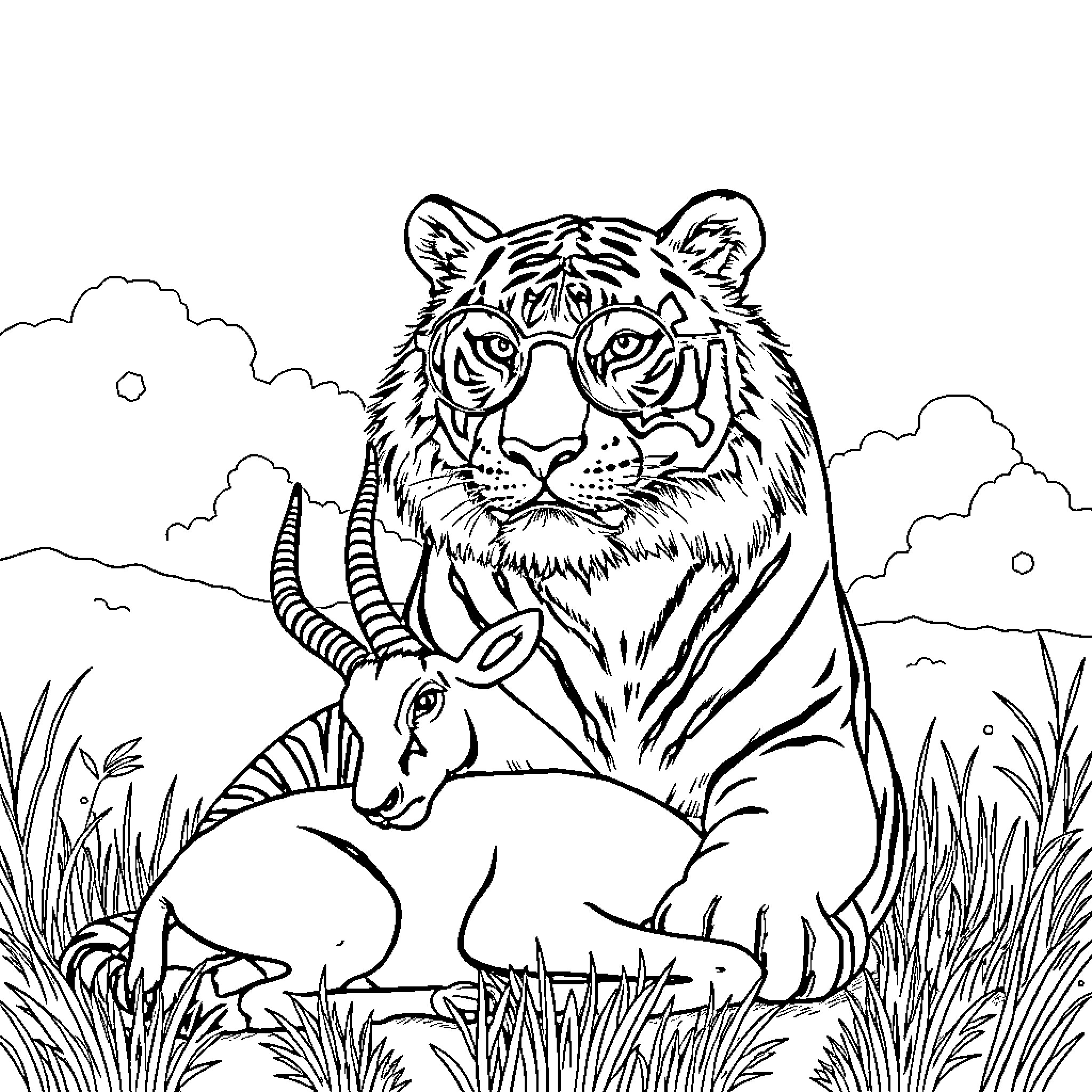 Tiger protecting a gazelle in the wilderness Coloring Page (free black-and-white line drawing printable PDF for all, from beginners to advanced learners, including children, teens, adults, and seniors)
