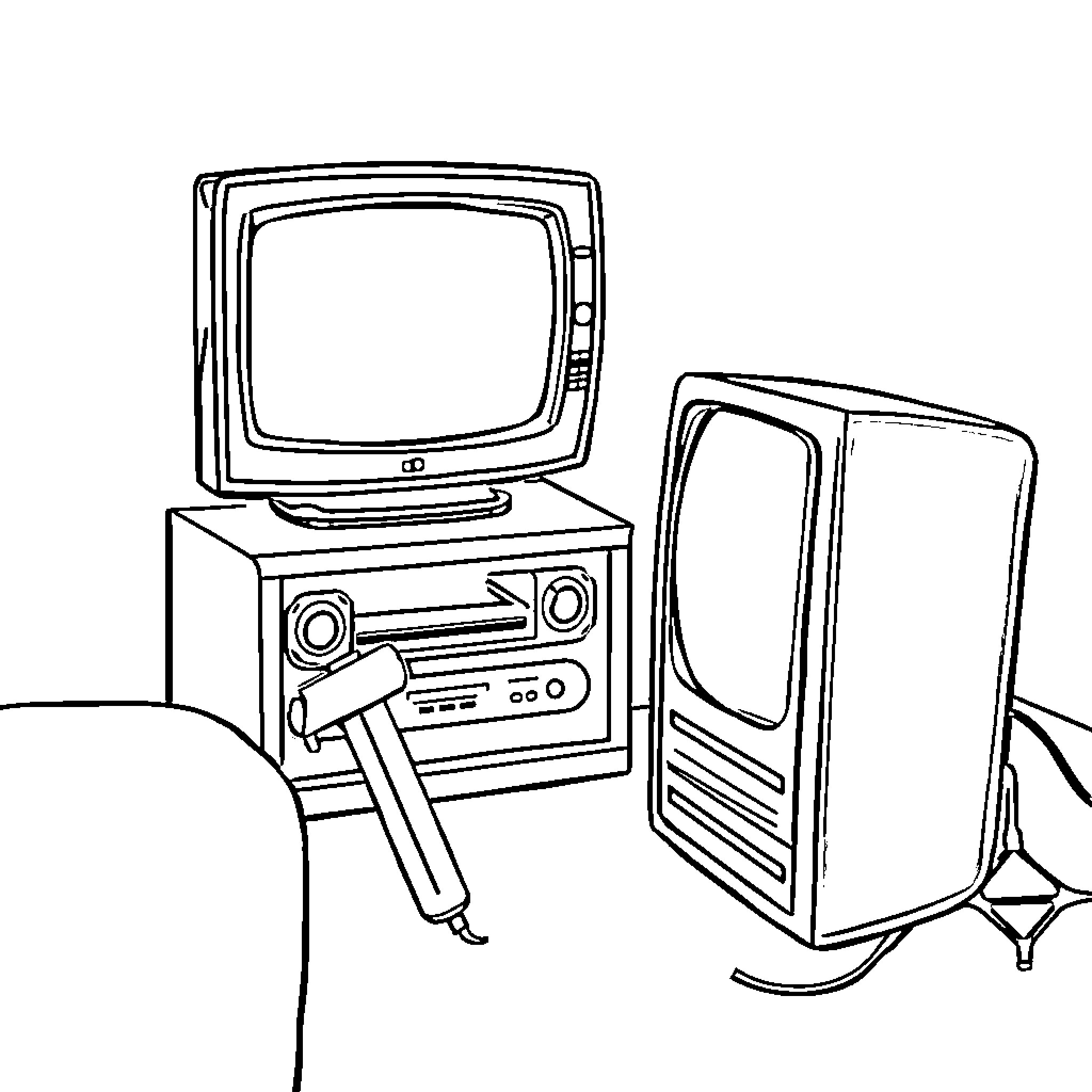 Manette's Vintage Technology Display Coloring Page (free black-and-white line drawing printable PDF for all, from beginners to advanced learners, including children, teens, adults, and seniors)