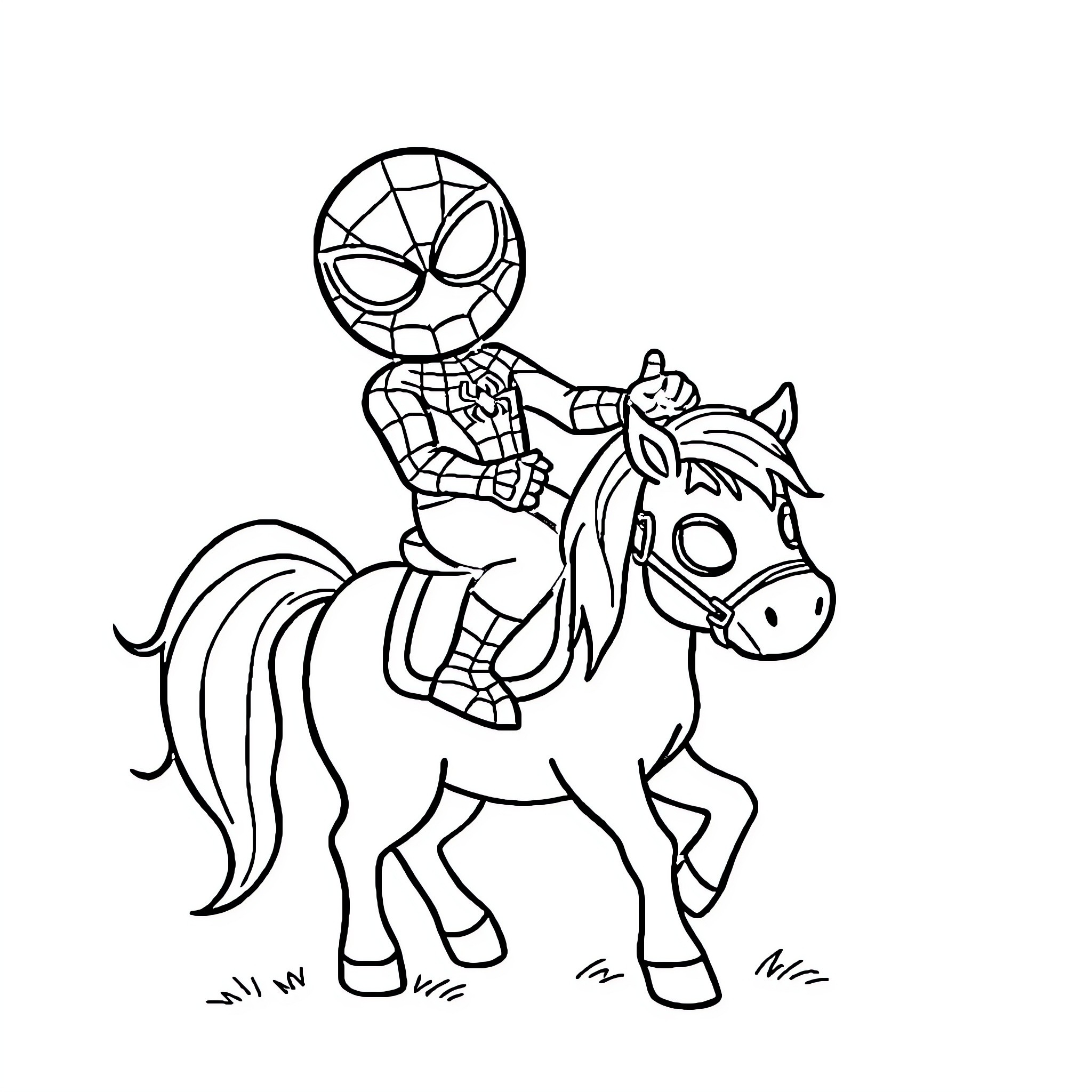 Spiderman riding a pony with enthusiasm Coloring Page (free black-and-white line drawing printable PDF for all, from beginners to advanced learners, including children, teens, adults, and seniors)