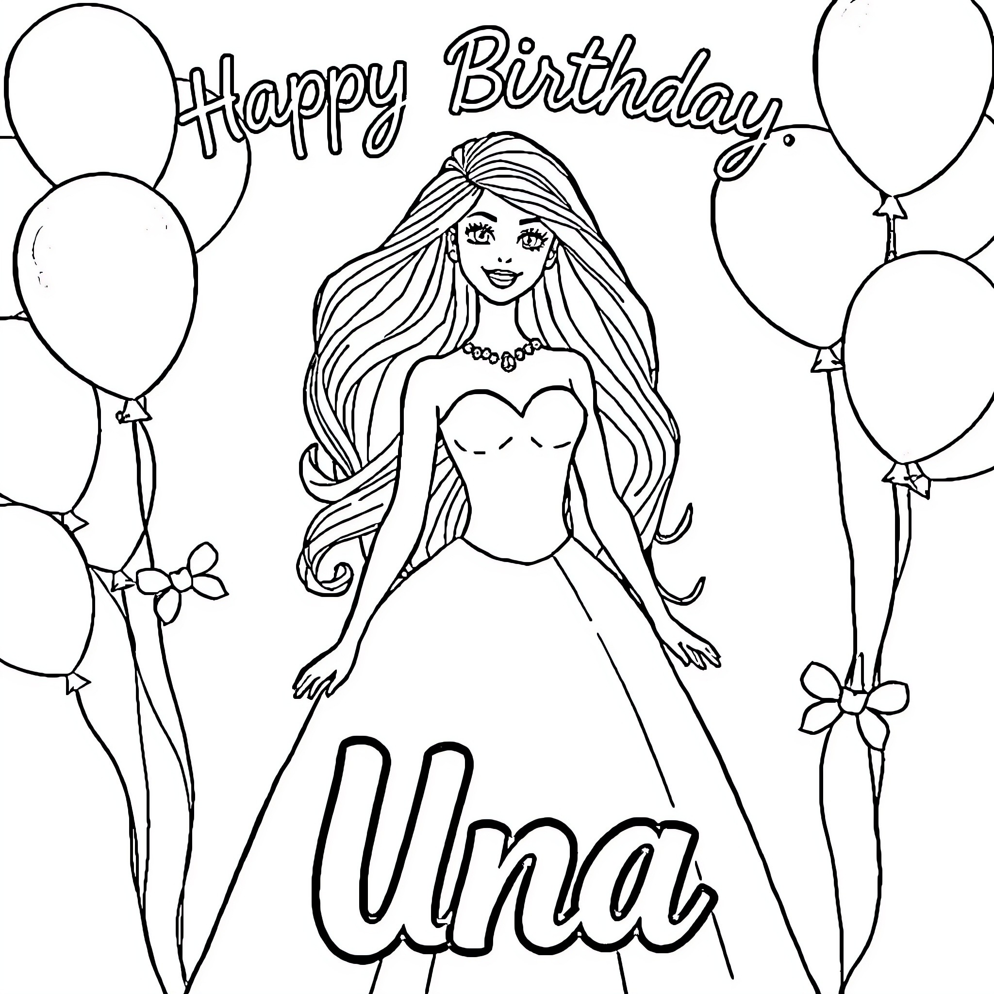 Barbie in a Birthday Party with Balloons Coloring Page (free black-and-white line drawing printable PDF for all, from beginners to advanced learners, including children, teens, adults, and seniors)