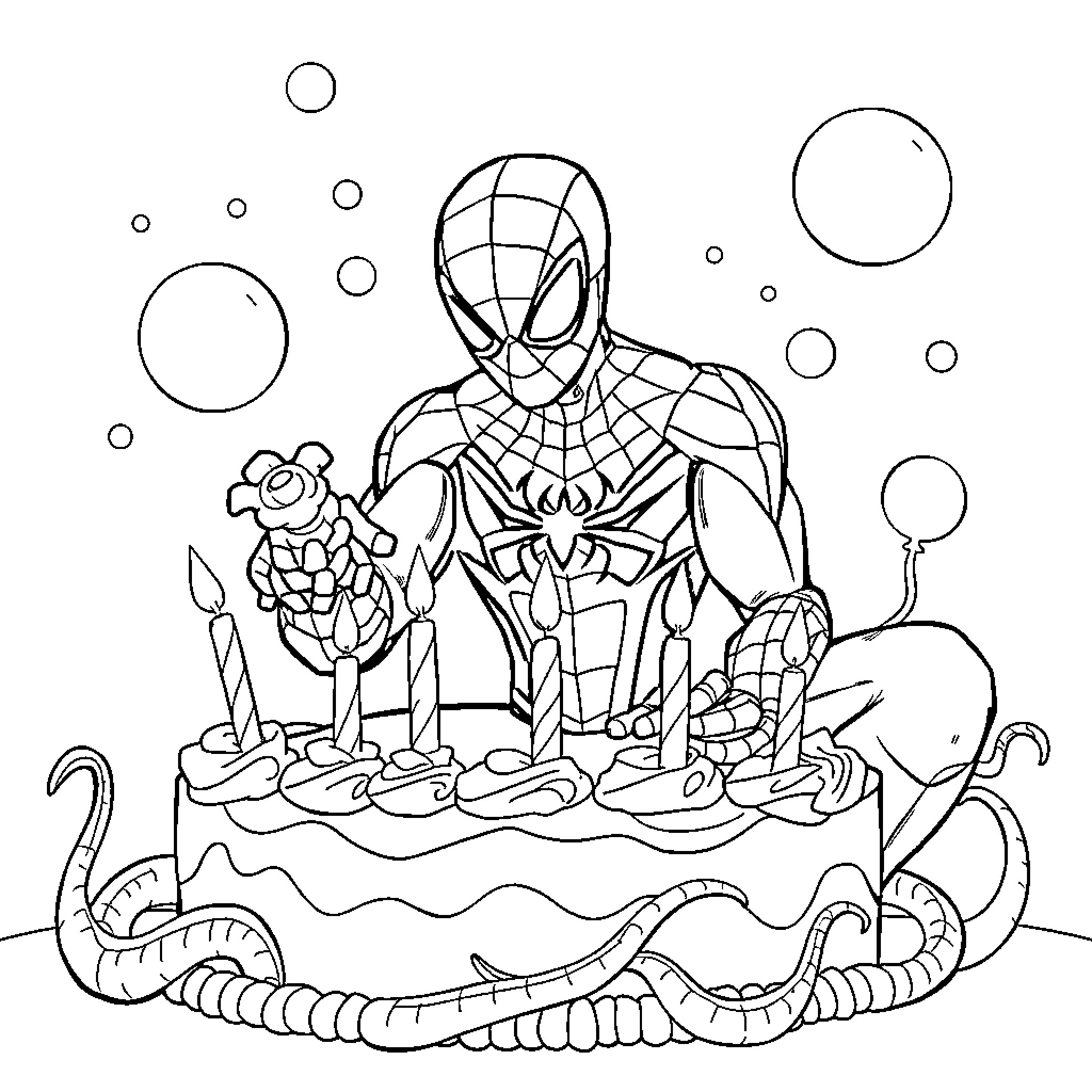 Spiderman battles against villains in a whimsical landscape Coloring Page (free black-and-white line drawing printable PDF for all, from beginners to advanced learners, including children, teens, adults, and seniors)