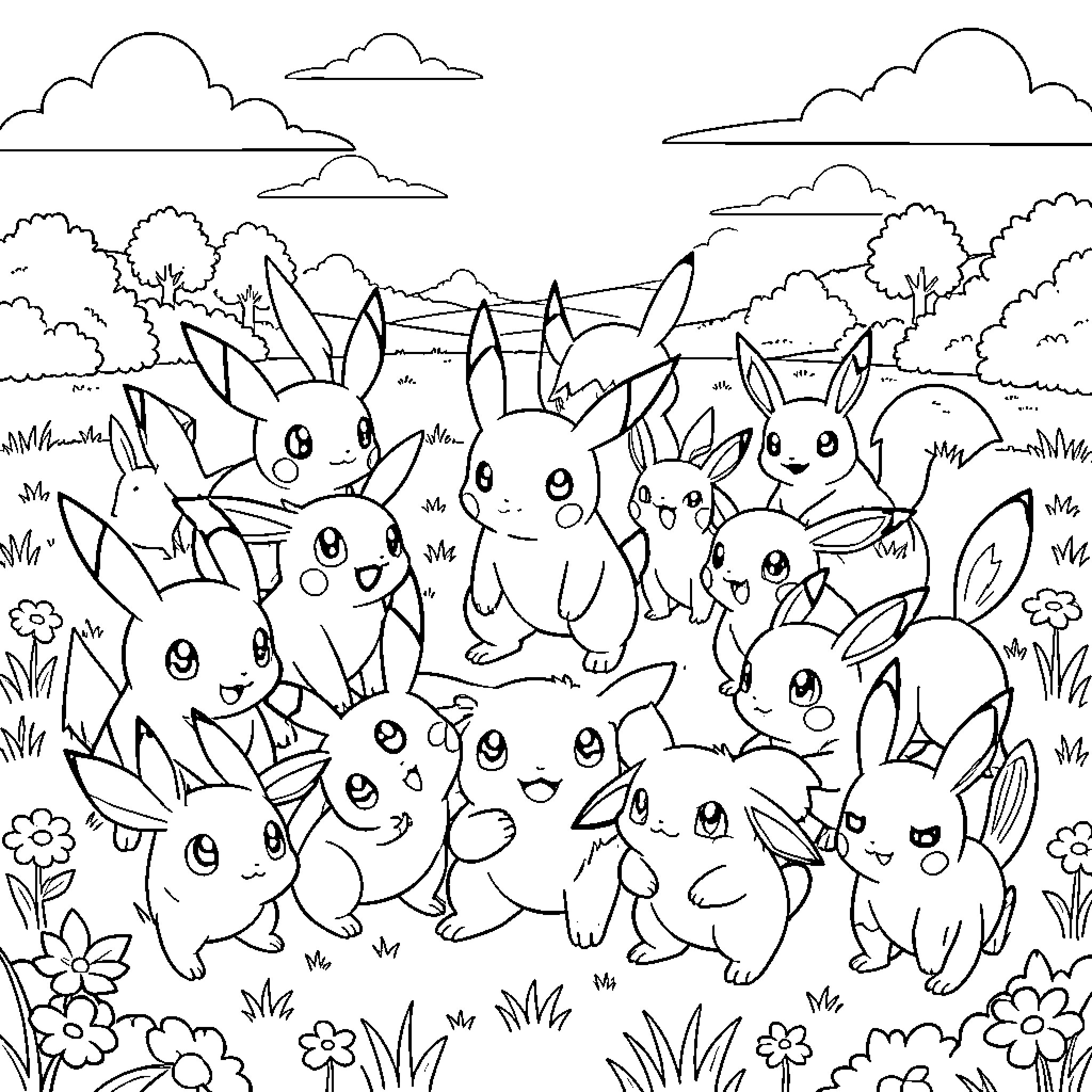 Pokémon gathering together in a grassy field Coloring Page (free black-and-white line drawing printable PDF for all, from beginners to advanced learners, including children, teens, adults, and seniors)