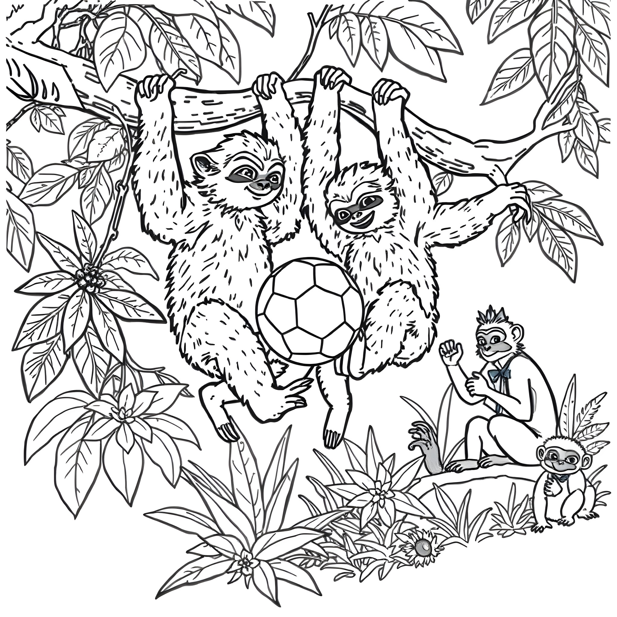 Sloth friends playing with soccer ball in jungle Coloring Page (free black-and-white line drawing printable PDF for all, from beginners to advanced learners, including children, teens, adults, and seniors)