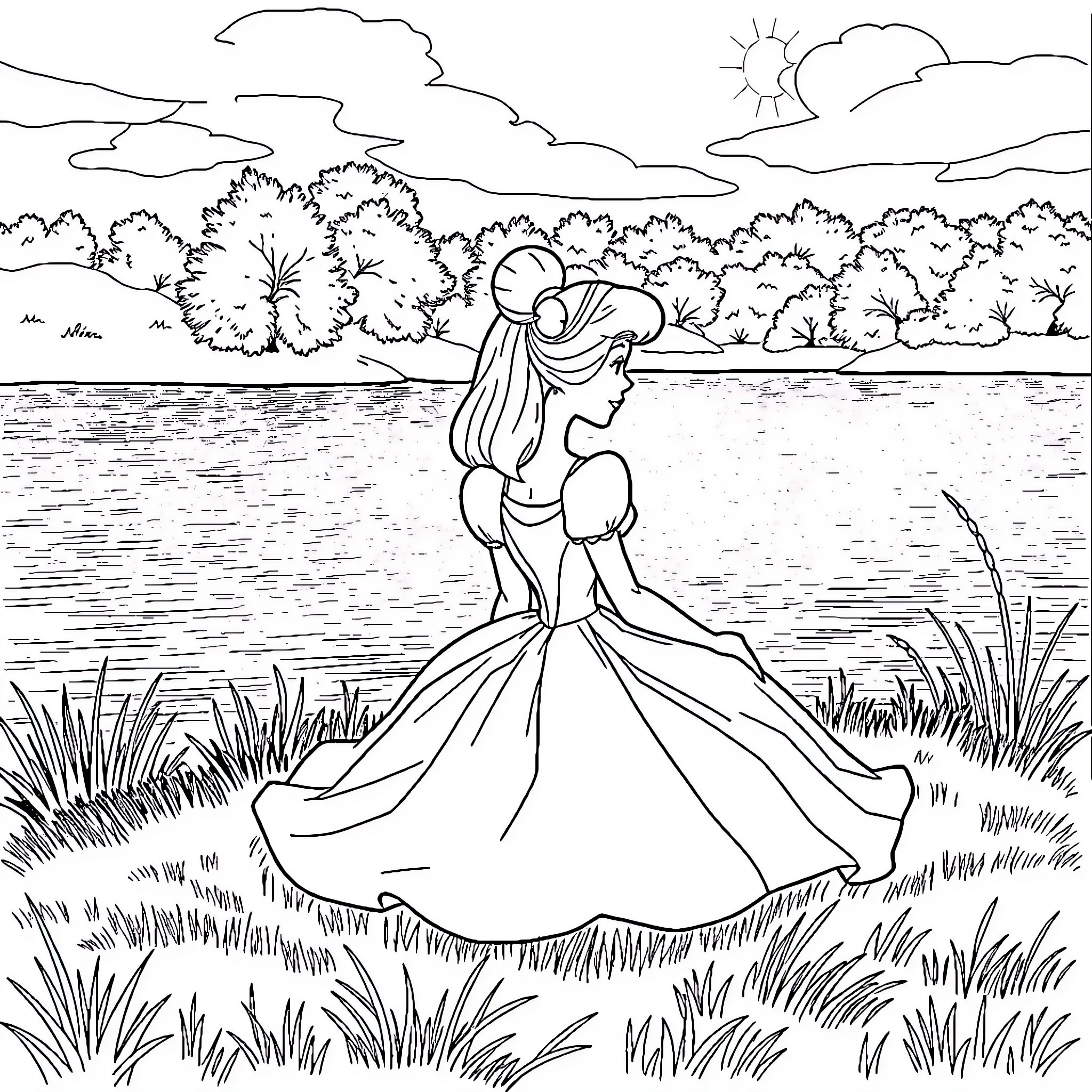 Cinderella's Dream Walk by the Lakeside Coloring Page (free black-and-white line drawing printable PDF for all, from beginners to advanced learners, including children, teens, adults, and seniors)