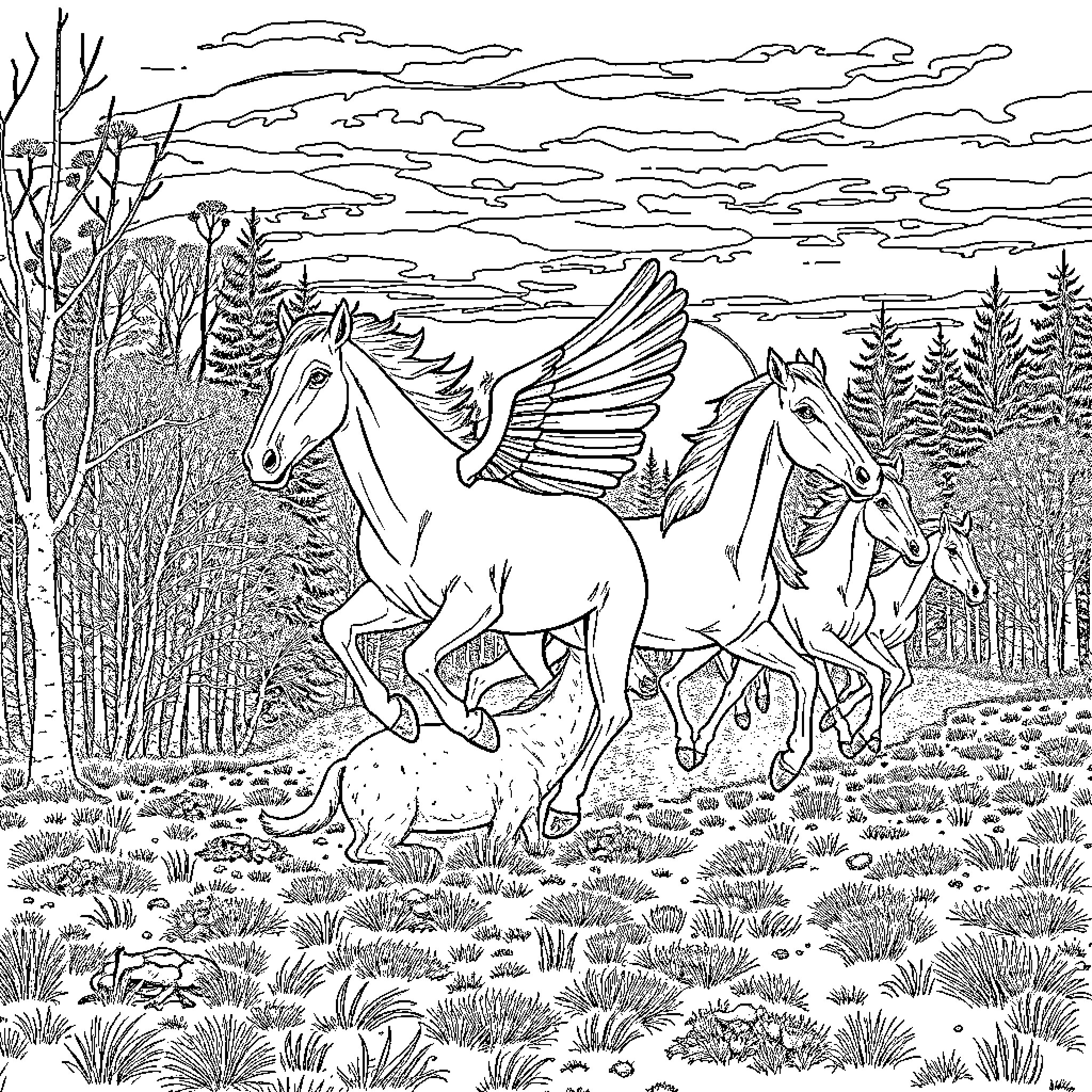 Wildpferd running freely in the wilderness Coloring Page (free black-and-white line drawing printable PDF for all, from beginners to advanced learners, including children, teens, adults, and seniors)