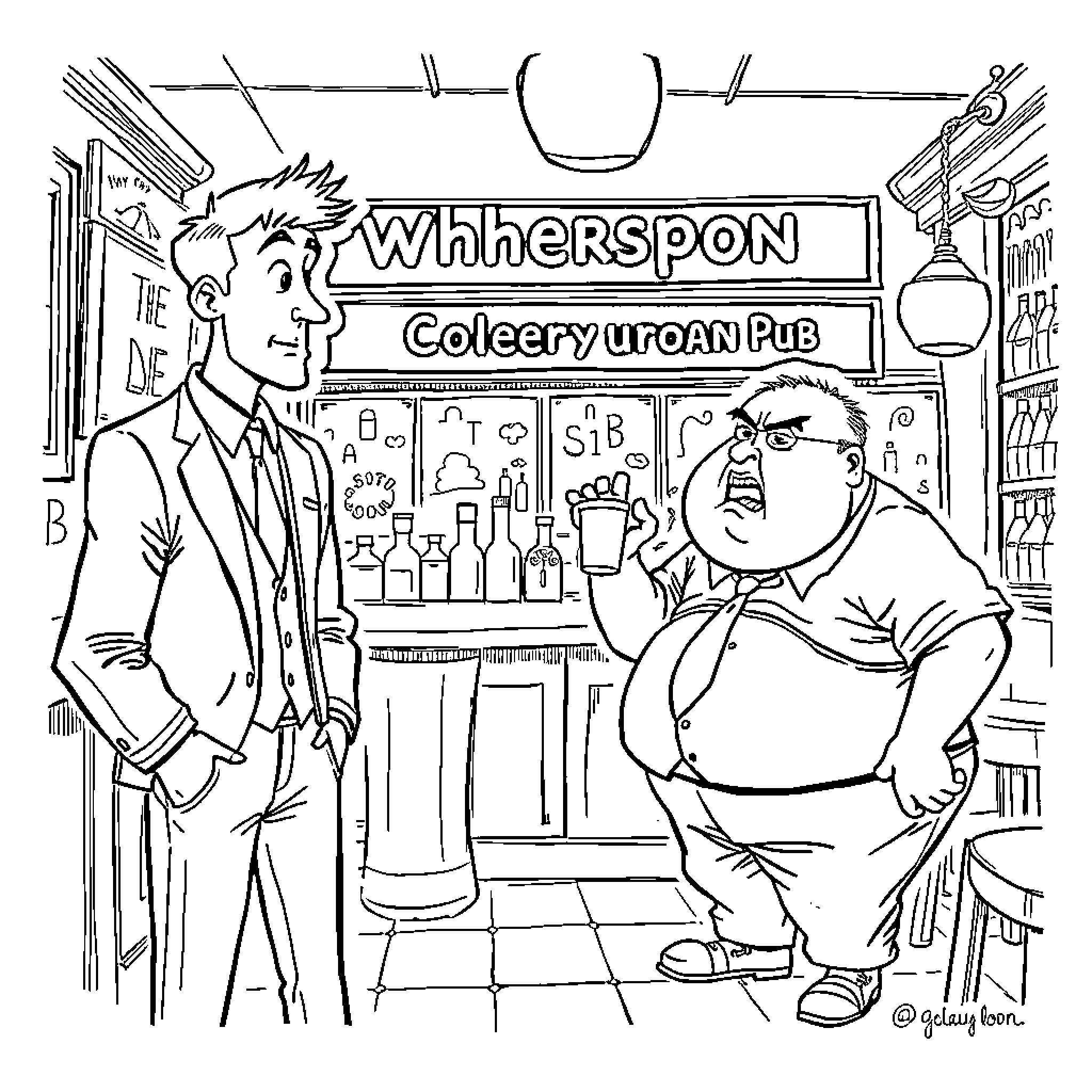 Man visiting a pub with a larger man behind the counter Coloring Page (free black-and-white line drawing printable PDF for all, from beginners to advanced learners, including children, teens, adults, and seniors)